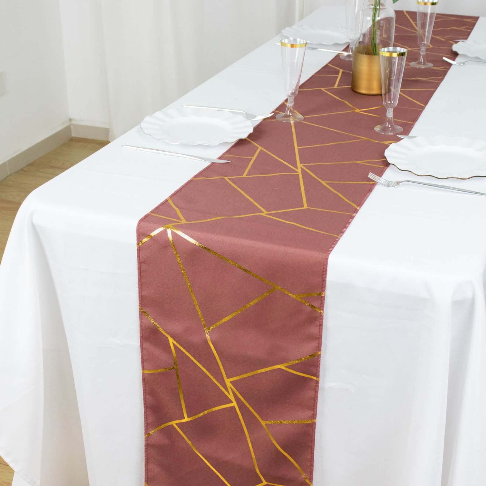 Polyester 9ft Table Runner Cinnamon Rose with Gold Foil Modern Geometric Accent