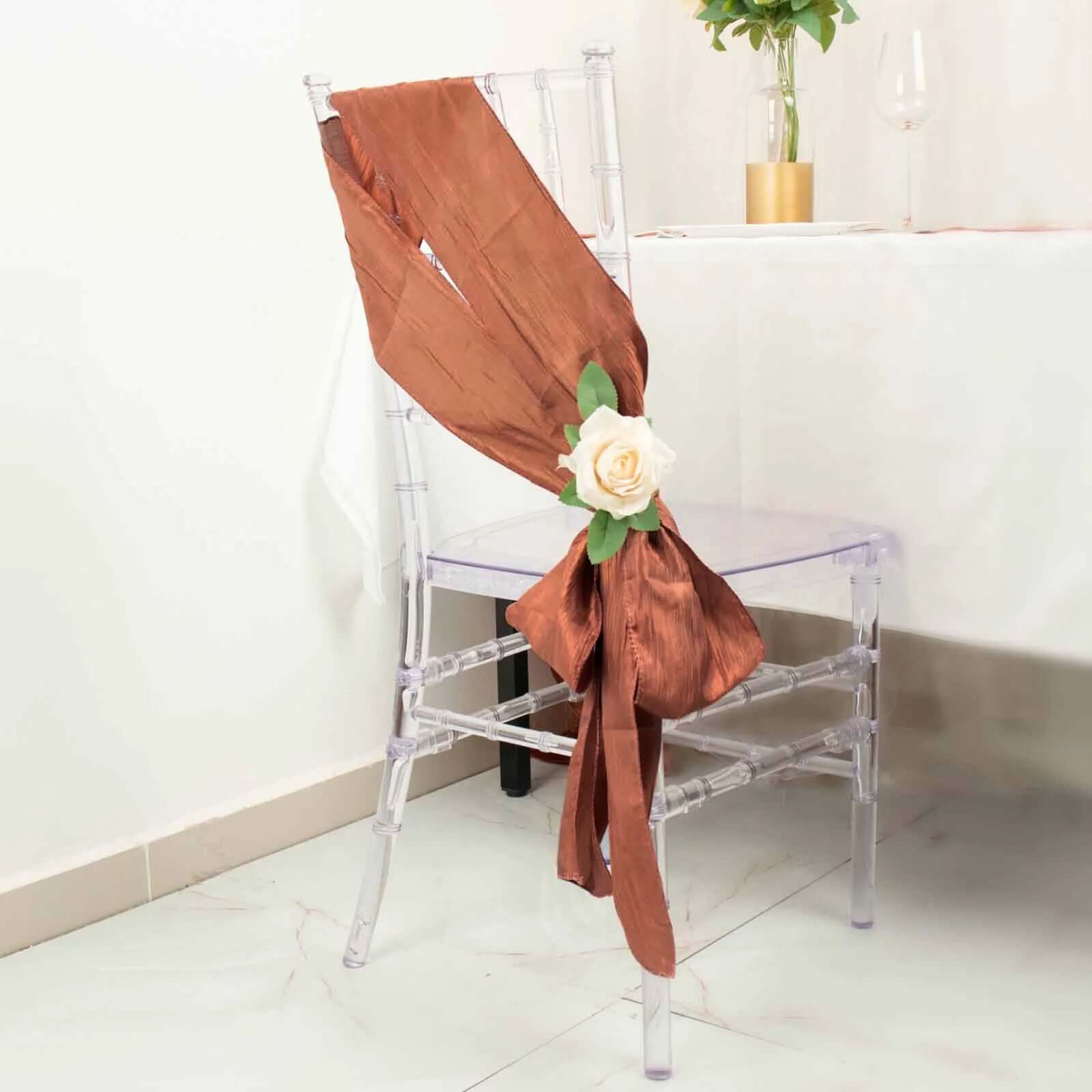 5 Pack Taffeta 6x106 Chair Sashes Terracotta (Rust) Accordion Crinkle Texture - Stylish Decor for Weddings & Gatherings