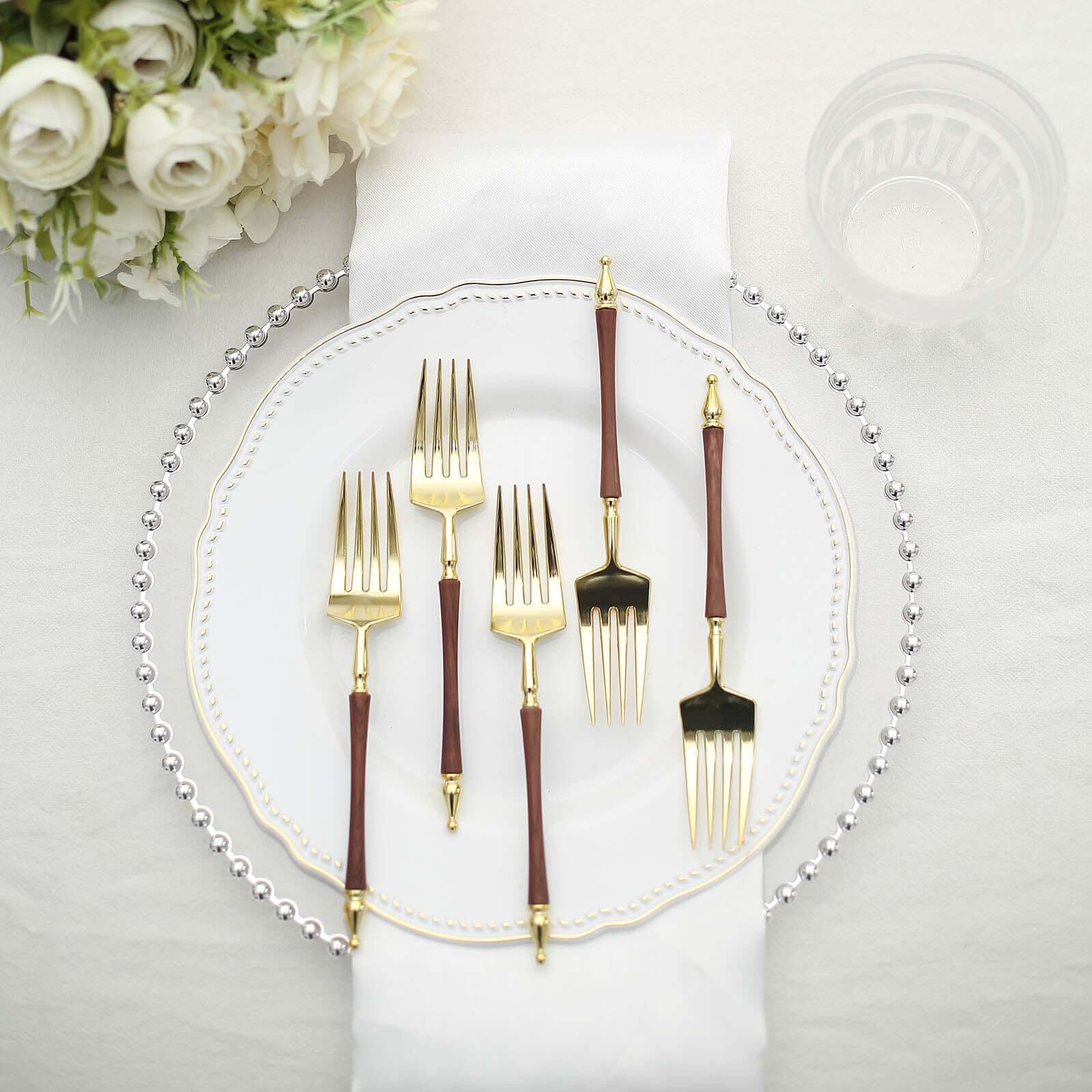 24-Pack Plastic Dessert Forks with Roman Column Handle Gold/Brown - European Style Disposable Utensils 6