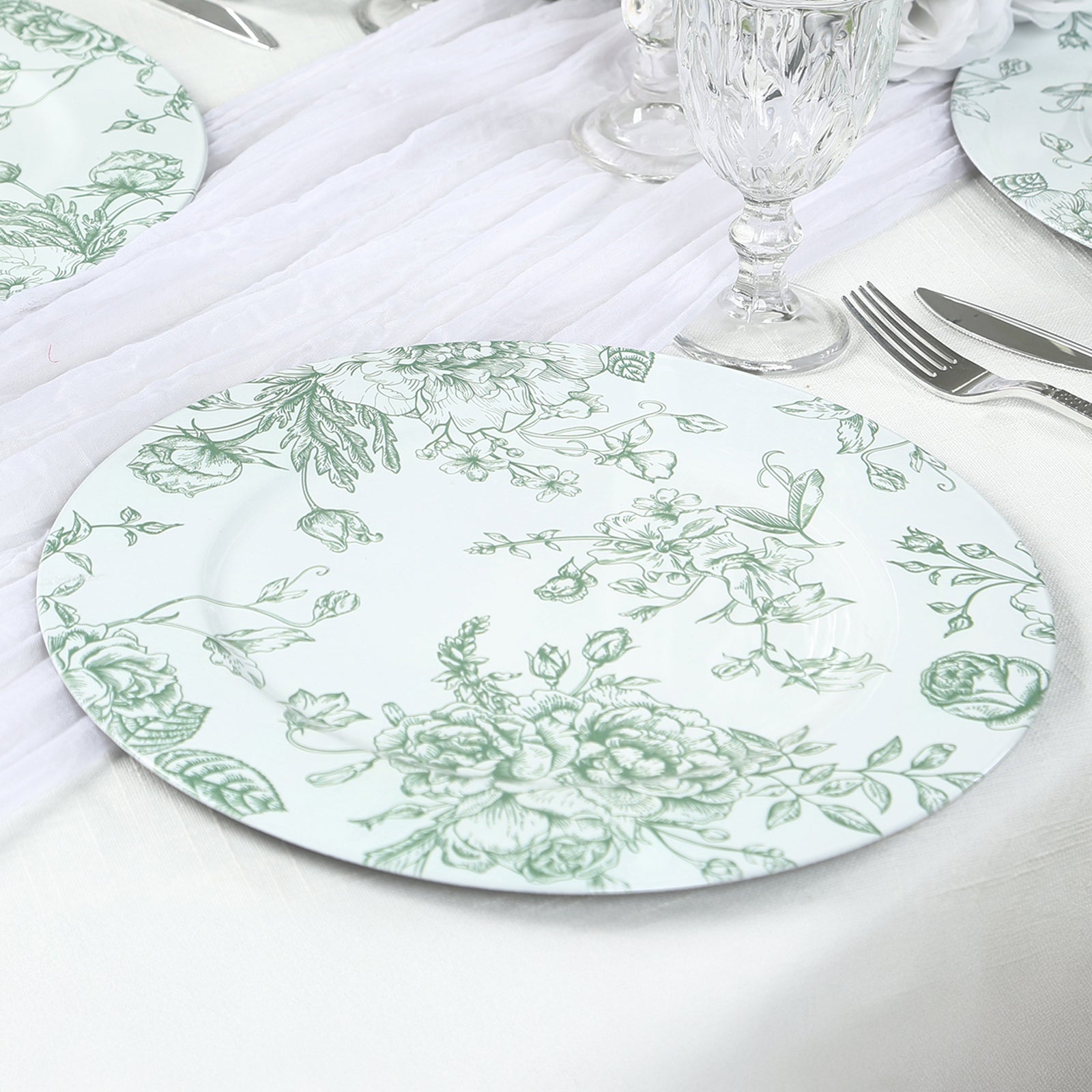 6 Pack Round Floral Acrylic Charger Plates in French Toile Pattern, 13 White Sage Green Dinner Charger Event Tabletop Decor