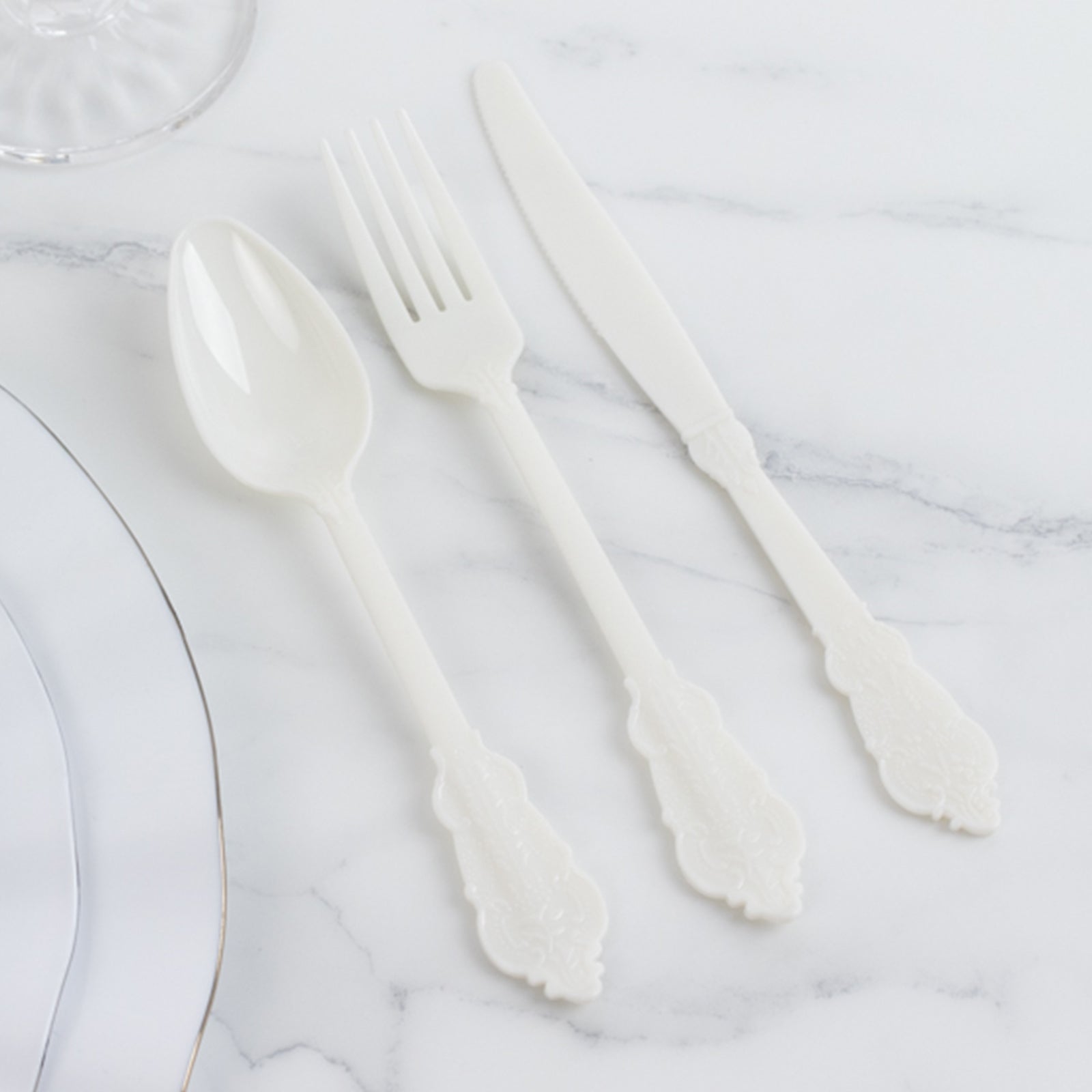 72 Pcs Plastic Silverware Set in Baroque Style Ivory - Heavy Duty Disposable Knife, Fork, and Spoon Set