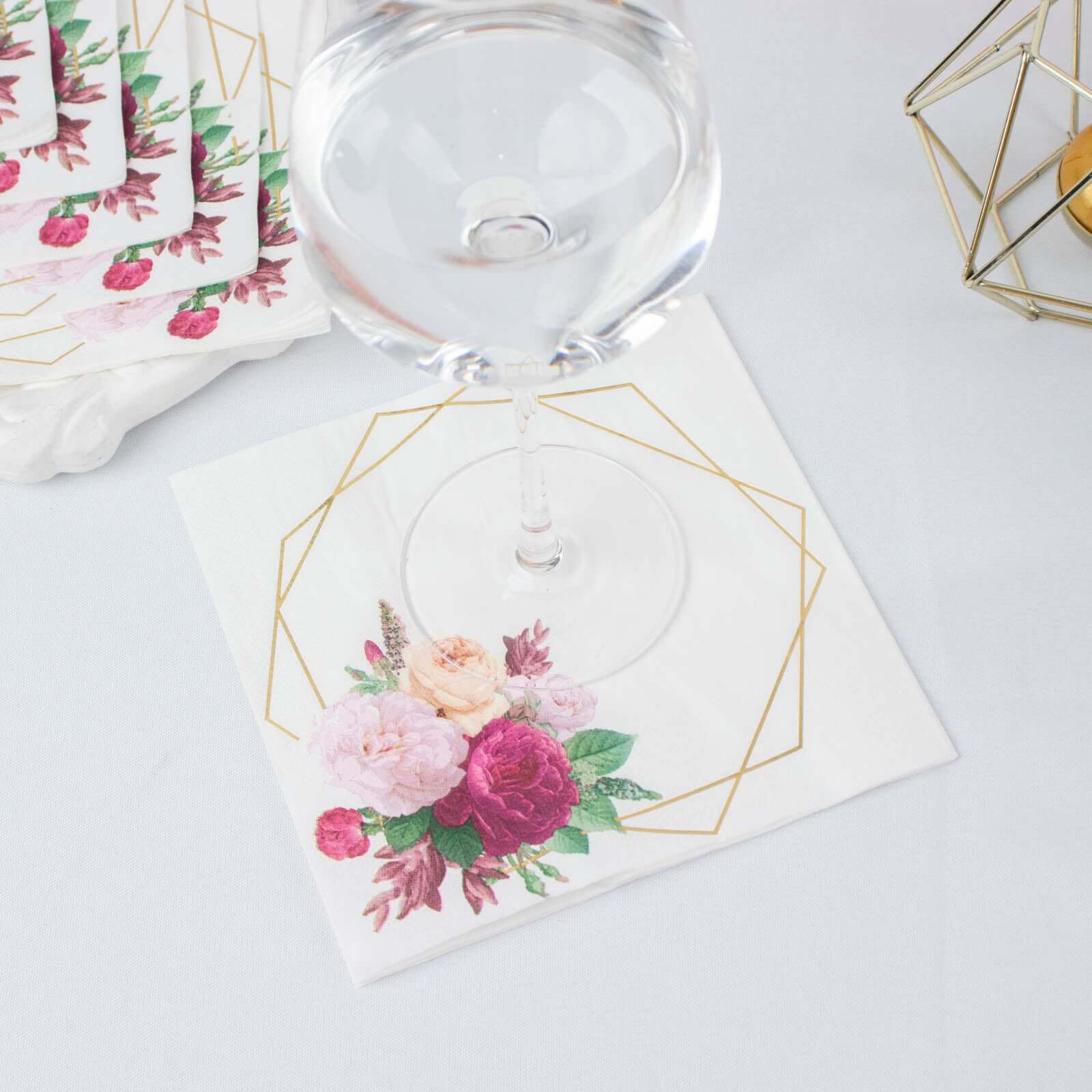 20-Pack Paper Party Napkins with Gold Hexagon Frame Floral Print White - 2 Ply Soft Disposable Beverage Napkins for Weddings 6.5x6.5