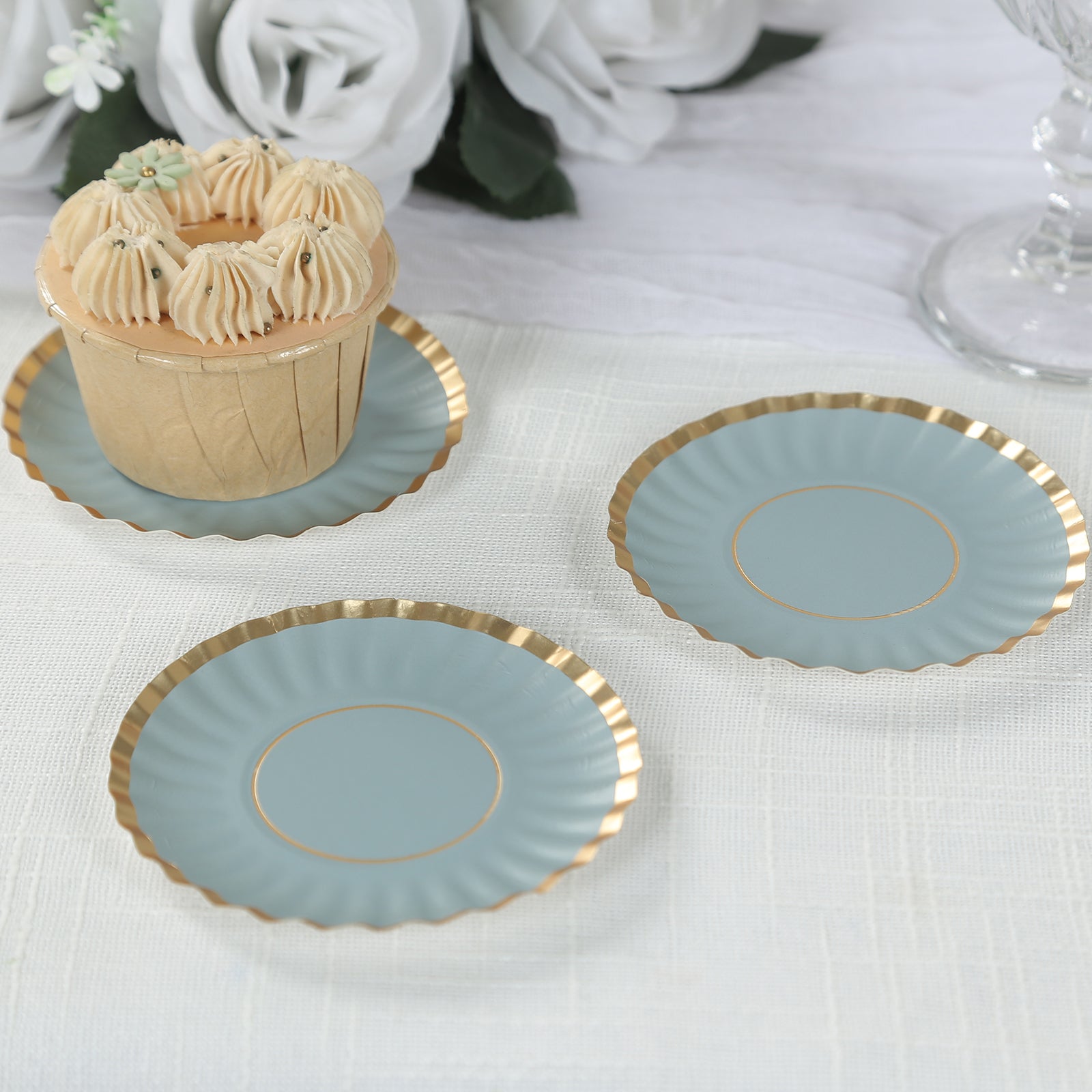 50-Pack Paper 3.5 Round Party Plates in Dusty Blue with Gold Scalloped Rim - Disposable Mini 250GSM Dessert Plates for Tapas, Appetizers & Finger Foods