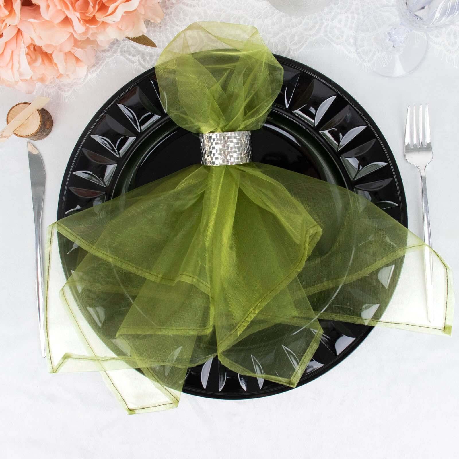 10 Pack Organza 23x23 Napkins Olive Green - Sheer Cloth Napkins