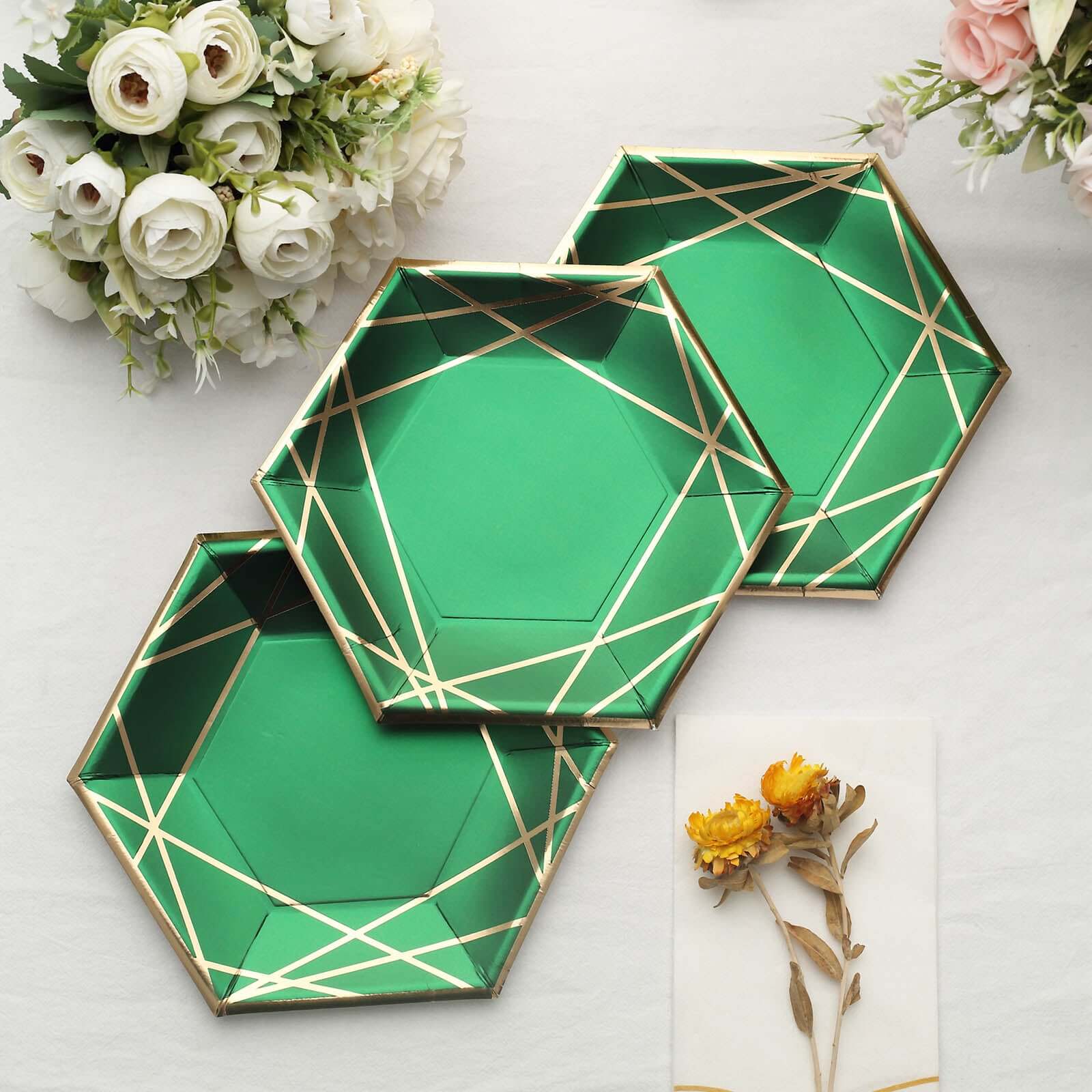 25-Pack Paper 7 Hexagon Dessert Plates in Hunter Emerald Green with Gold Geometric Lines & Rim - Stylish Disposable Geometric 300GSM Appetizer Salad Plates