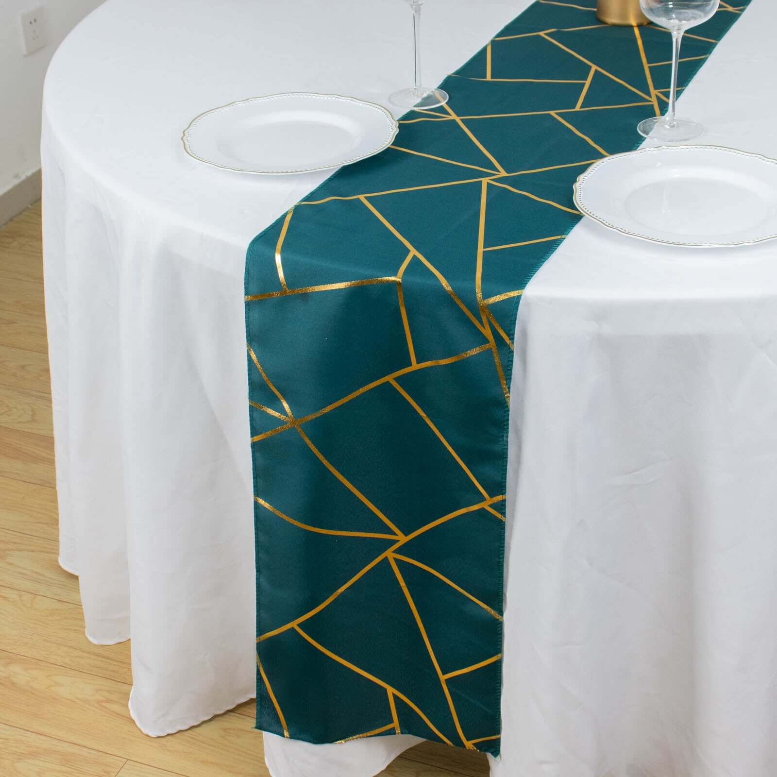 Polyester 9ft Table Runner Peacock Teal with Gold Foil Modern Geometric Accent