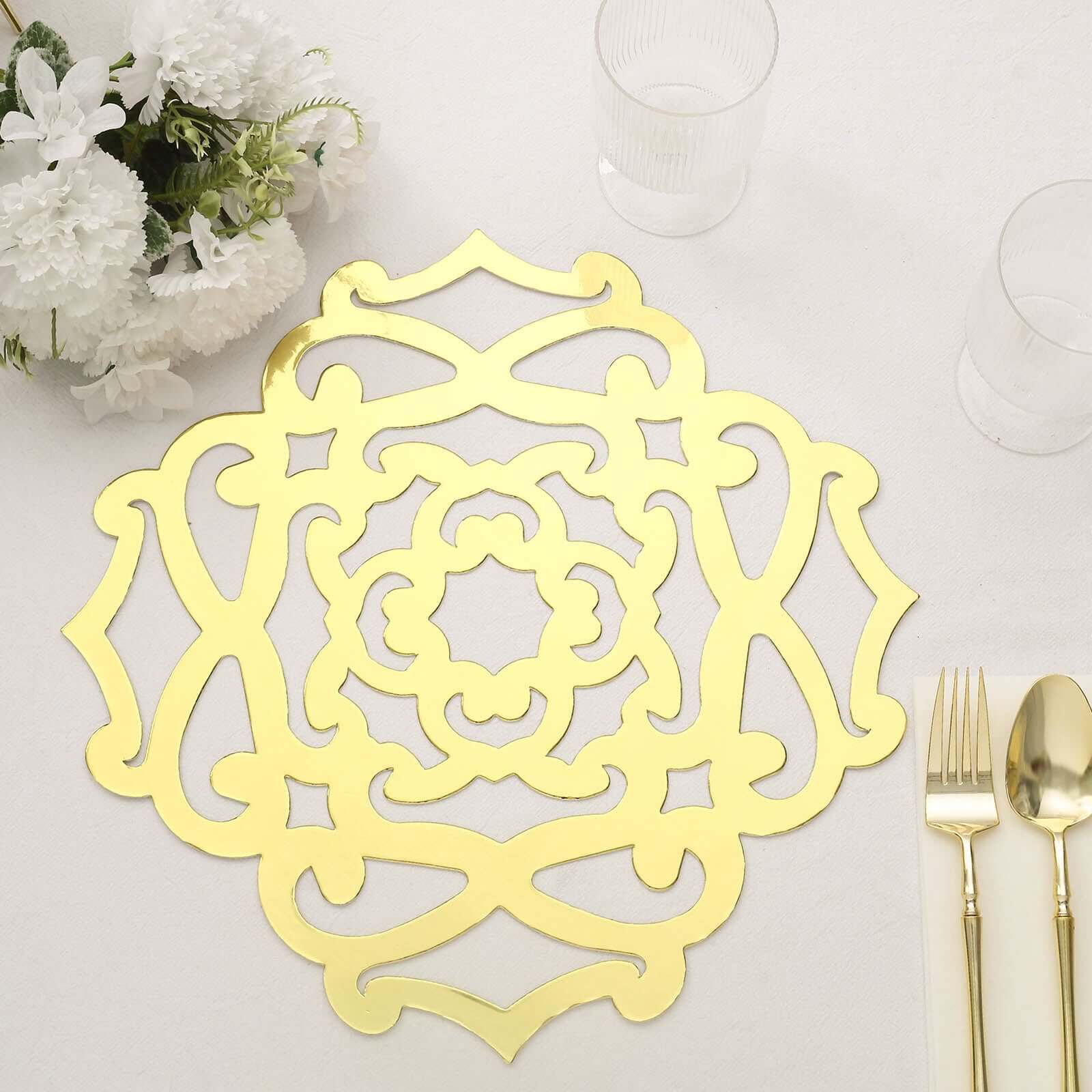 6-Pack Disposable Table Placemats in Metallic Gold Laser Cut Flower Design - 700GSM Cardboard Placemats for Glamorous Table Settings 13