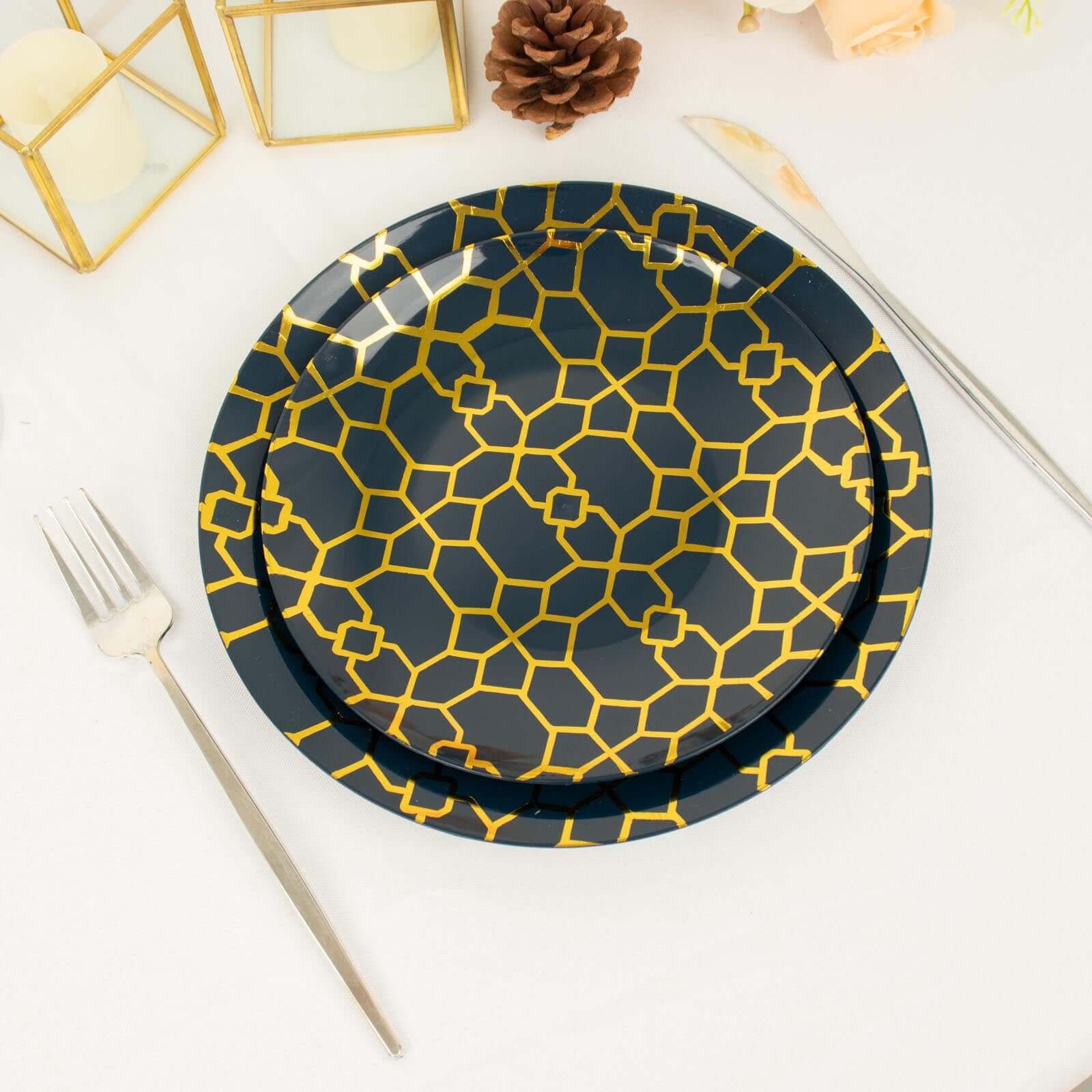 20-Pack Set Plastic Round Dinner and Salad Plates in Navy Blue with Geometric Gold Print - Modern Disposable Dinnerware Set for Weddings & Celebrations 9, 7