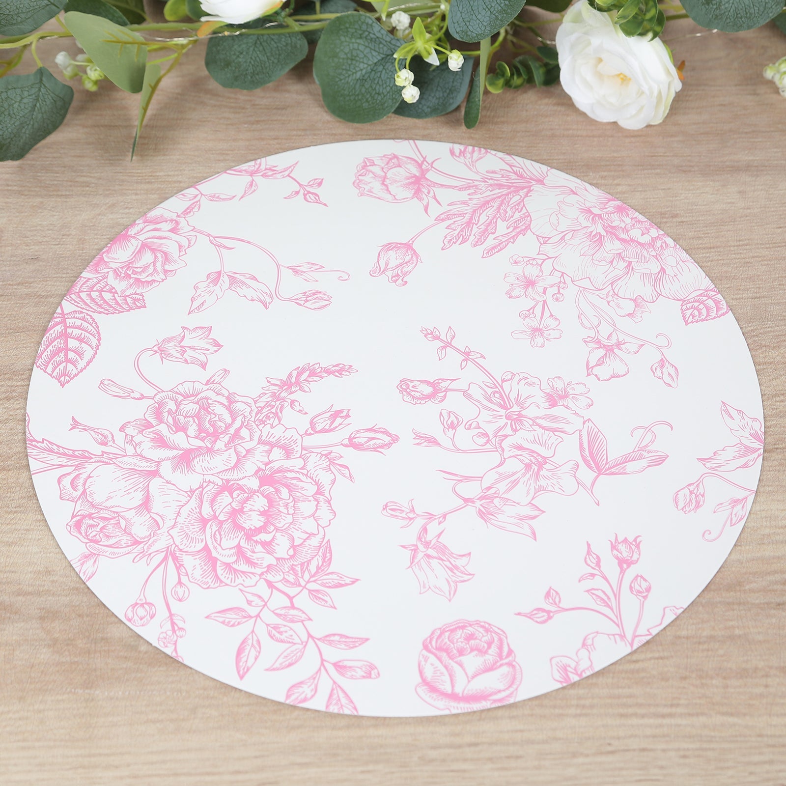 10-Pack Disposable Table Placemats in French Toile Print 13 in White/Matte Pink - Chic Floral Cardboard Placemats for Stylish Table Setting