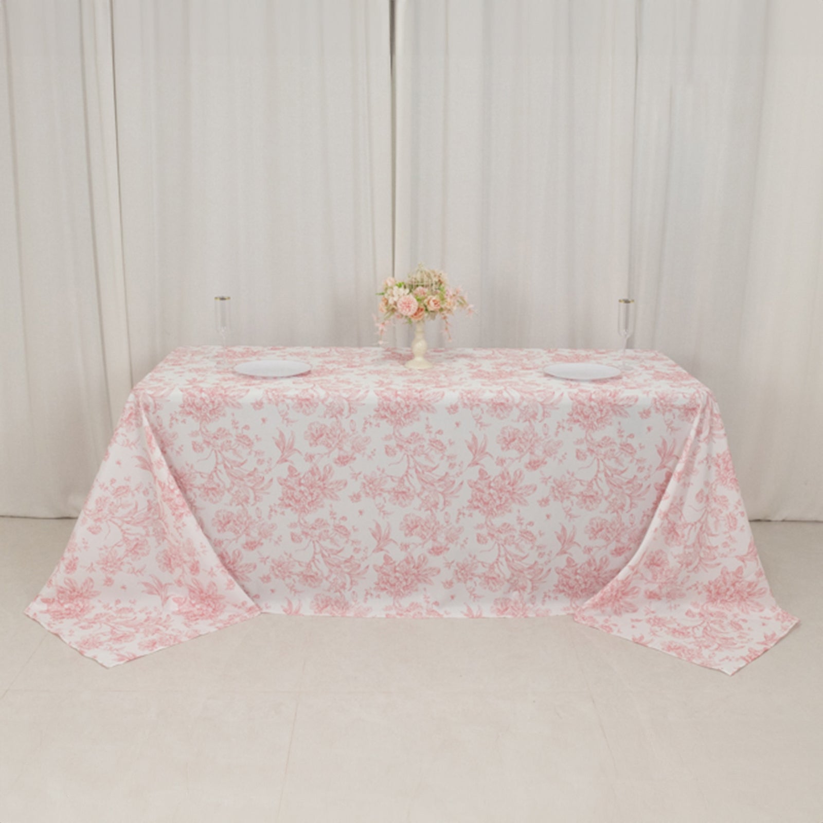 Polyester 90x132 Rectangle Tablecloth White - Seamless Pink French Toile Pattern for Formal Celebrations