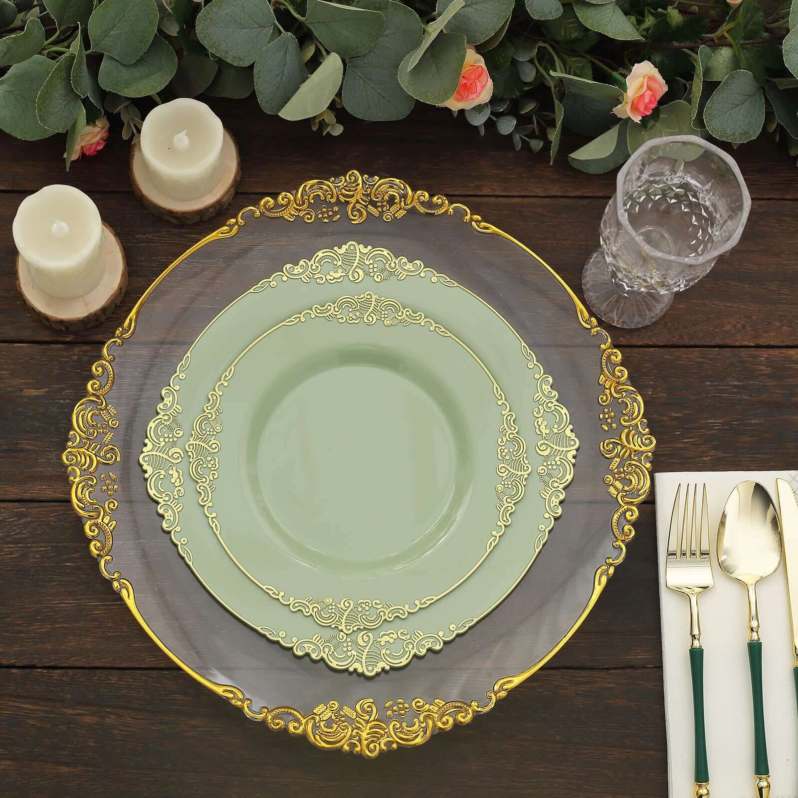 10-Pack Plastic 10 Round Dinner Plates in Sage Green with Gold Leaf Embossed Rim - Disposable Vintage Baroque Style Plates