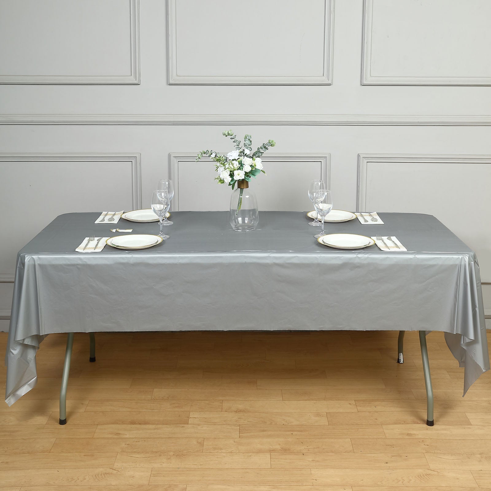 Silver Rectangle Plastic Table Cover, 54x108 PVC Waterproof Disposable Tablecloth