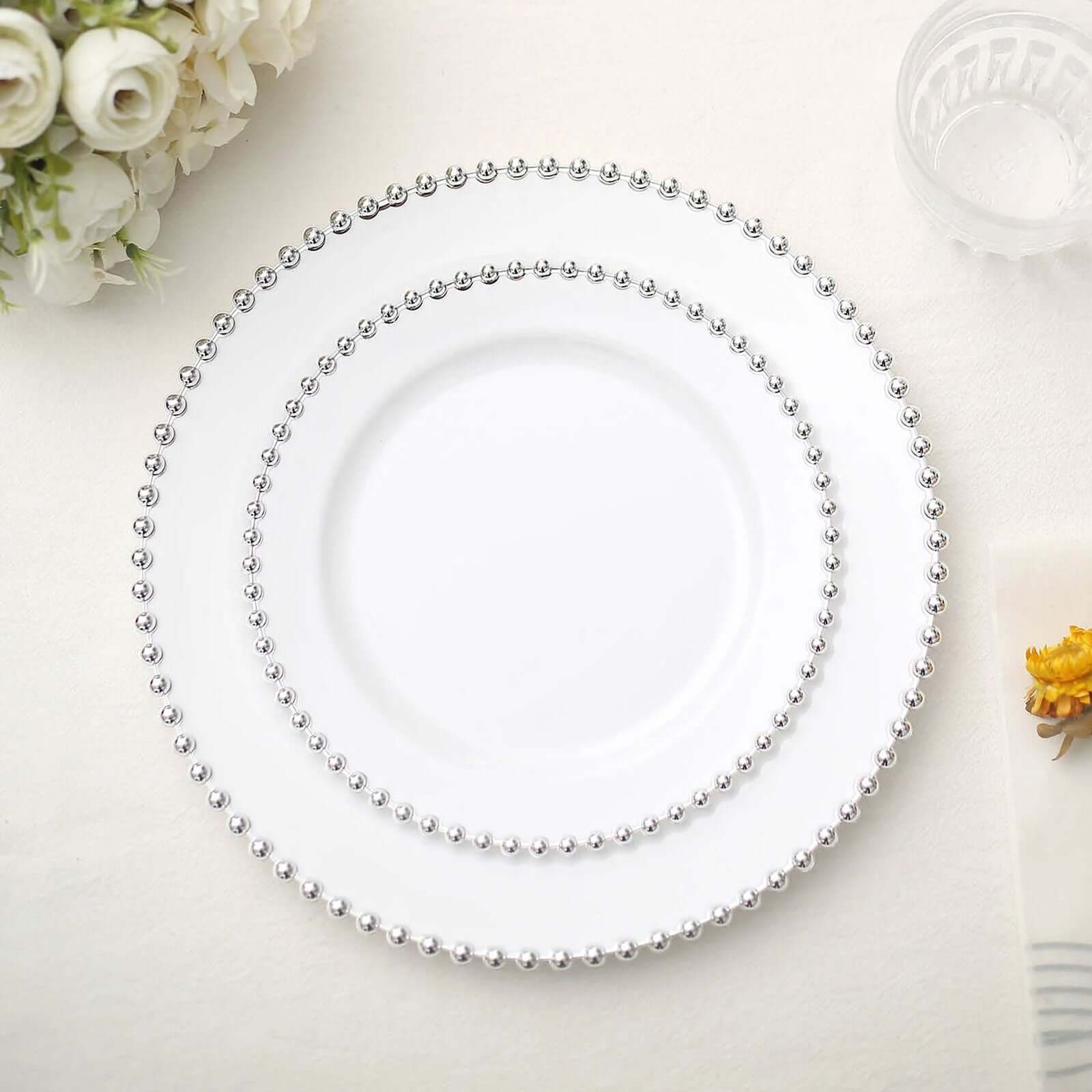 10-Pack Plastic 8 Round Appetizer Dessert Plates in White with Silver Beaded Rim - Disposable Salad Plates