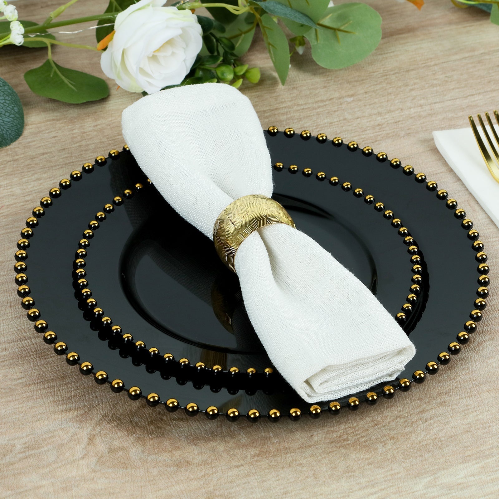 10-Pack Plastic 8 Round Appetizer Dessert Plates in Black with Gold Beaded Rim - Disposable Salad Plates for Banquets & Festive Occasions