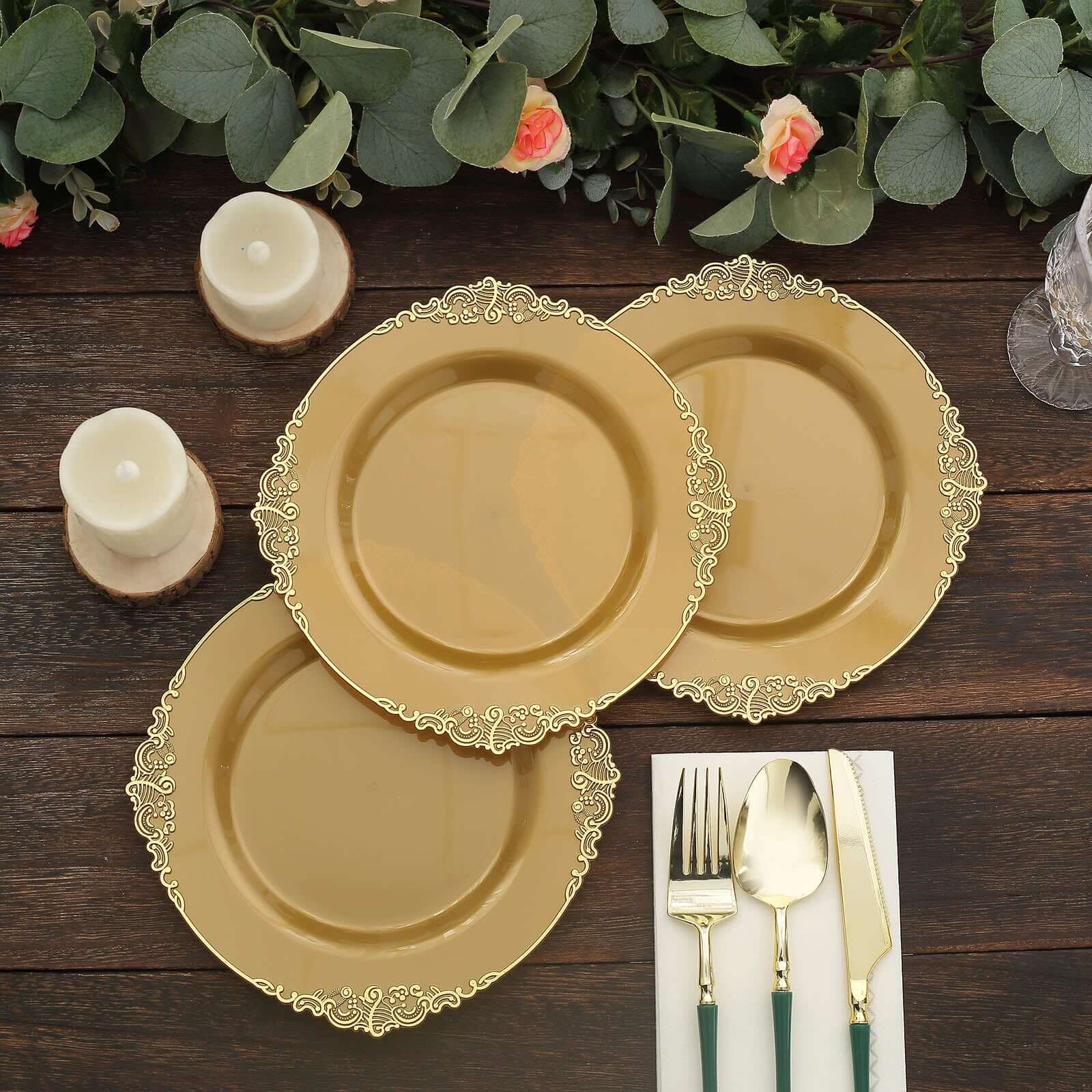 10-Pack Plastic 8 Round Dessert Plates in Gold with Leaf Embossed Rim - Disposable Vintage Baroque Style Salad Plates for Luxurious Gatherings & Events