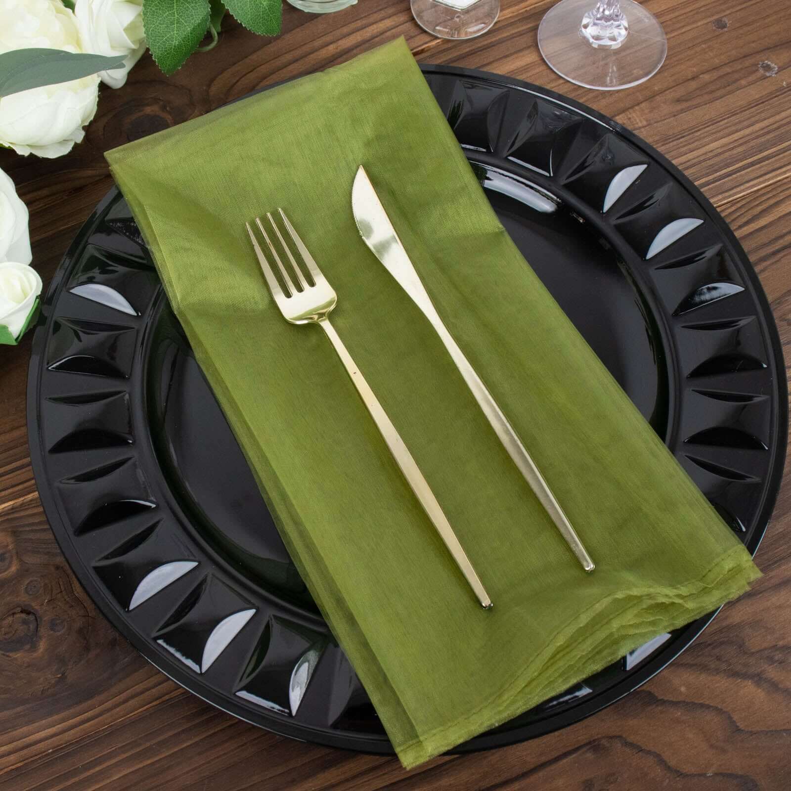 10 Pack Organza 23x23 Napkins Olive Green - Sheer Cloth Napkins