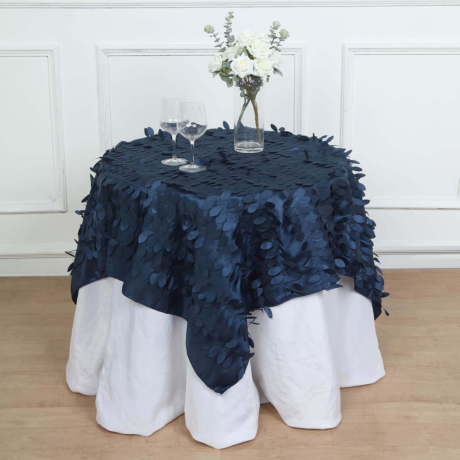 Taffeta 54x54 Table Overlay Square Tablecloth Navy Blue 3D Leaf Petal Table Cover