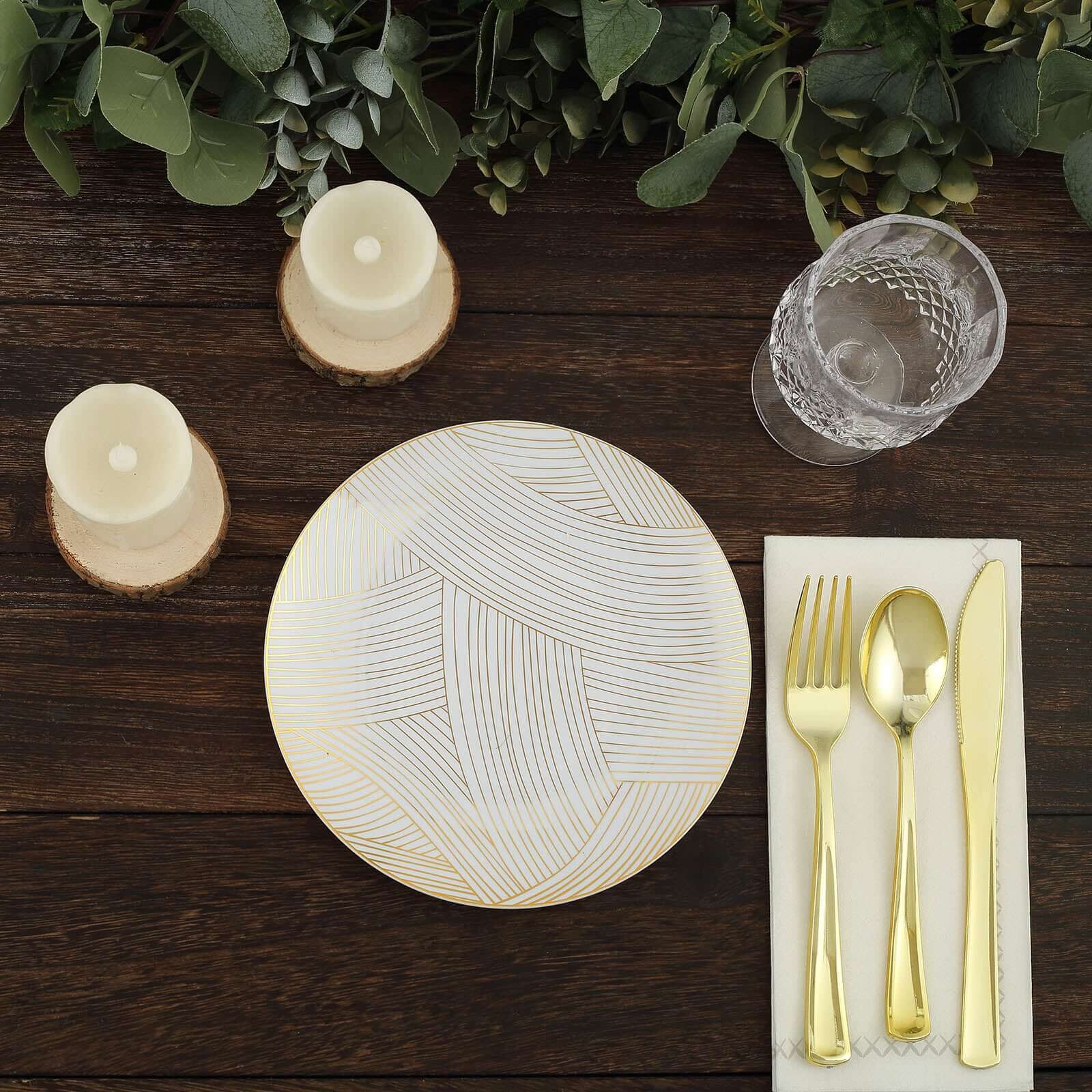 10-Pack Plastic 7 Round Dessert Plates in White with Gold Wave Brush Strokes Pattern - Disposable Appetizer Salad Plates for Modern & Classy Table Decor