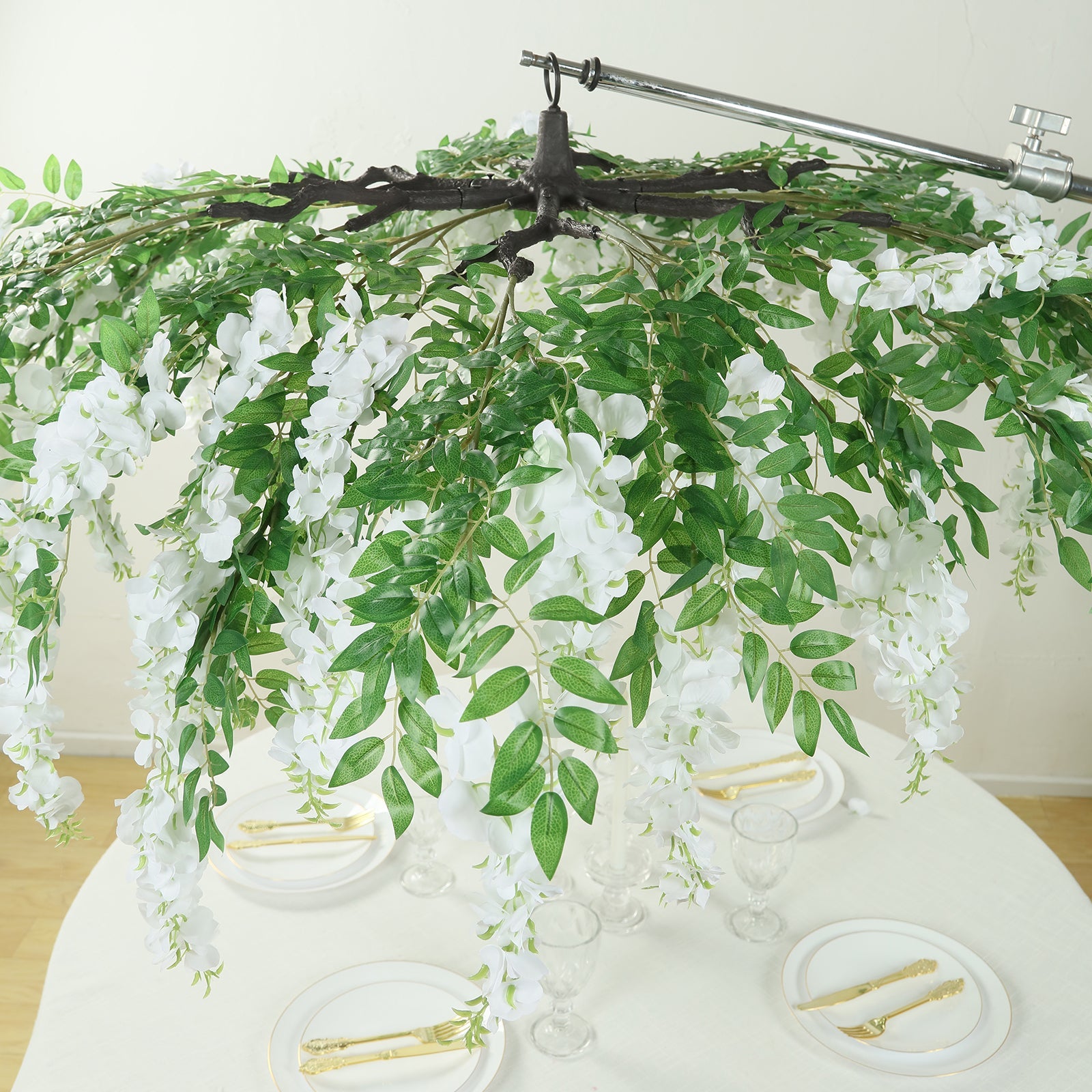 55 White Artificial Silk Wisteria Vine Round Hanging Canopy, Draping Garland Flower Chandelier With Interchangeable Branches