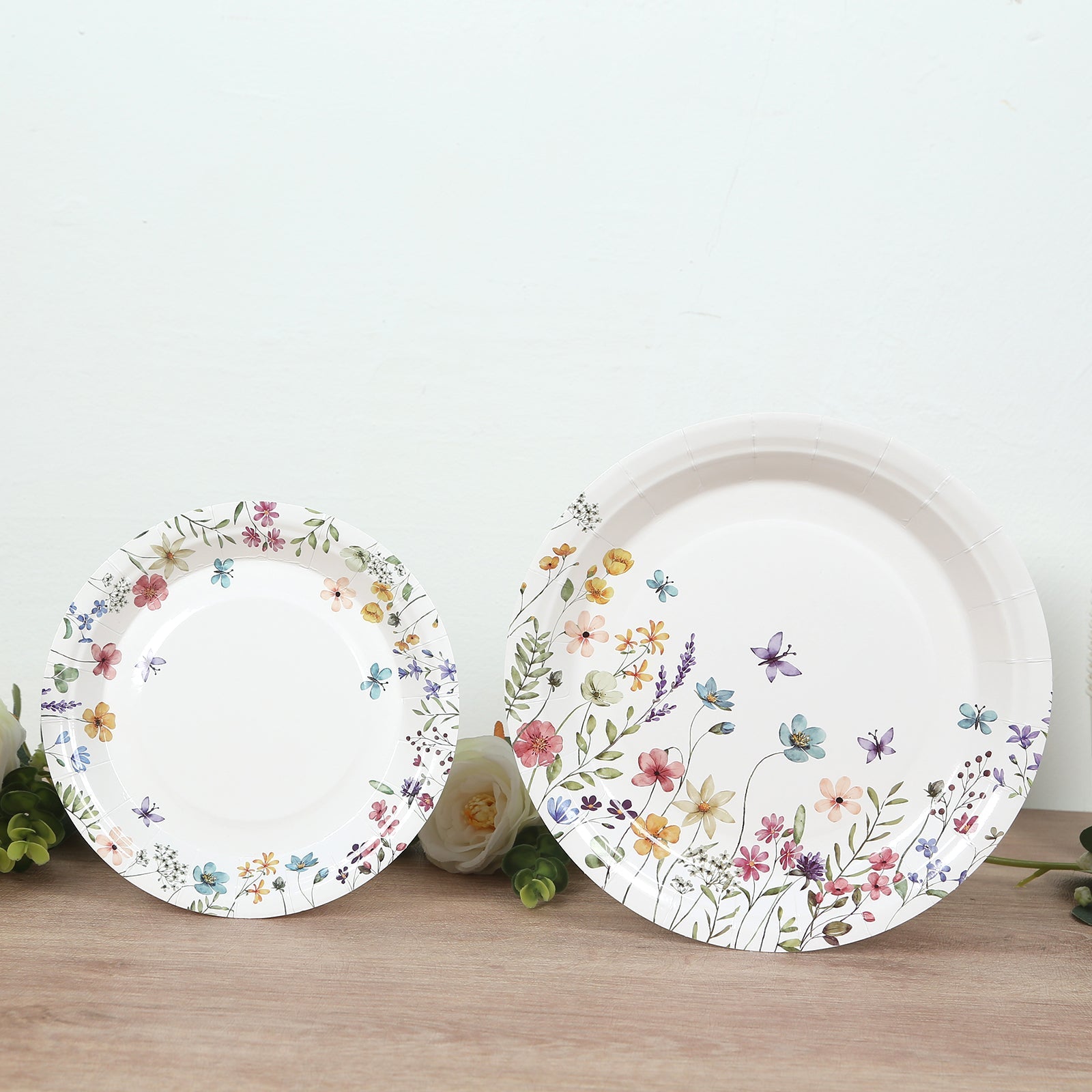 72 Pcs Paper Plates and Cups Set in White with Wildflower Butterfly Print - Disposable Party Supplies for Spring & Garden Themes