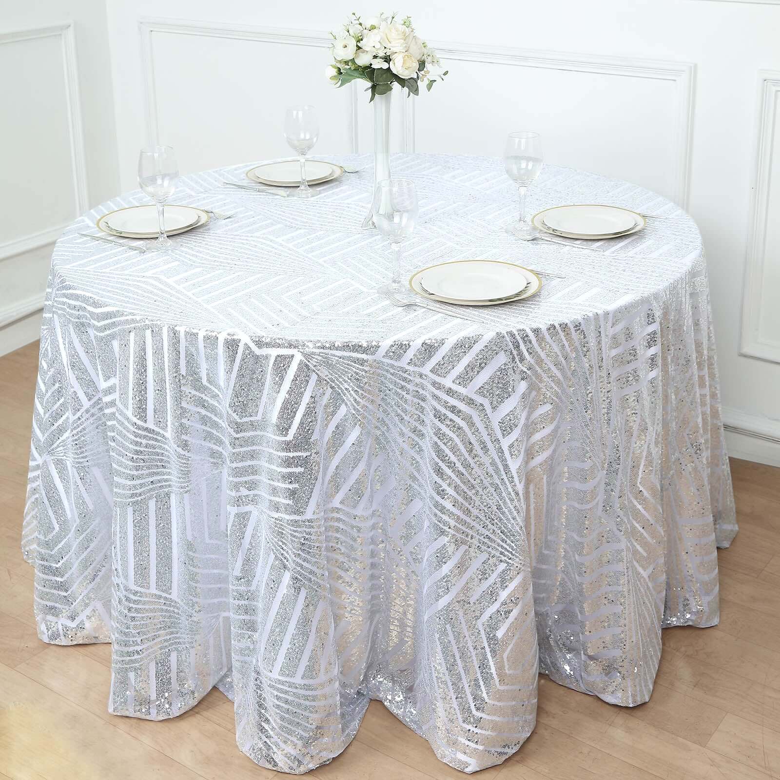 Sequin 120 Round Tablecloth Silver - Seamless Diamond Glitz Table Cover
