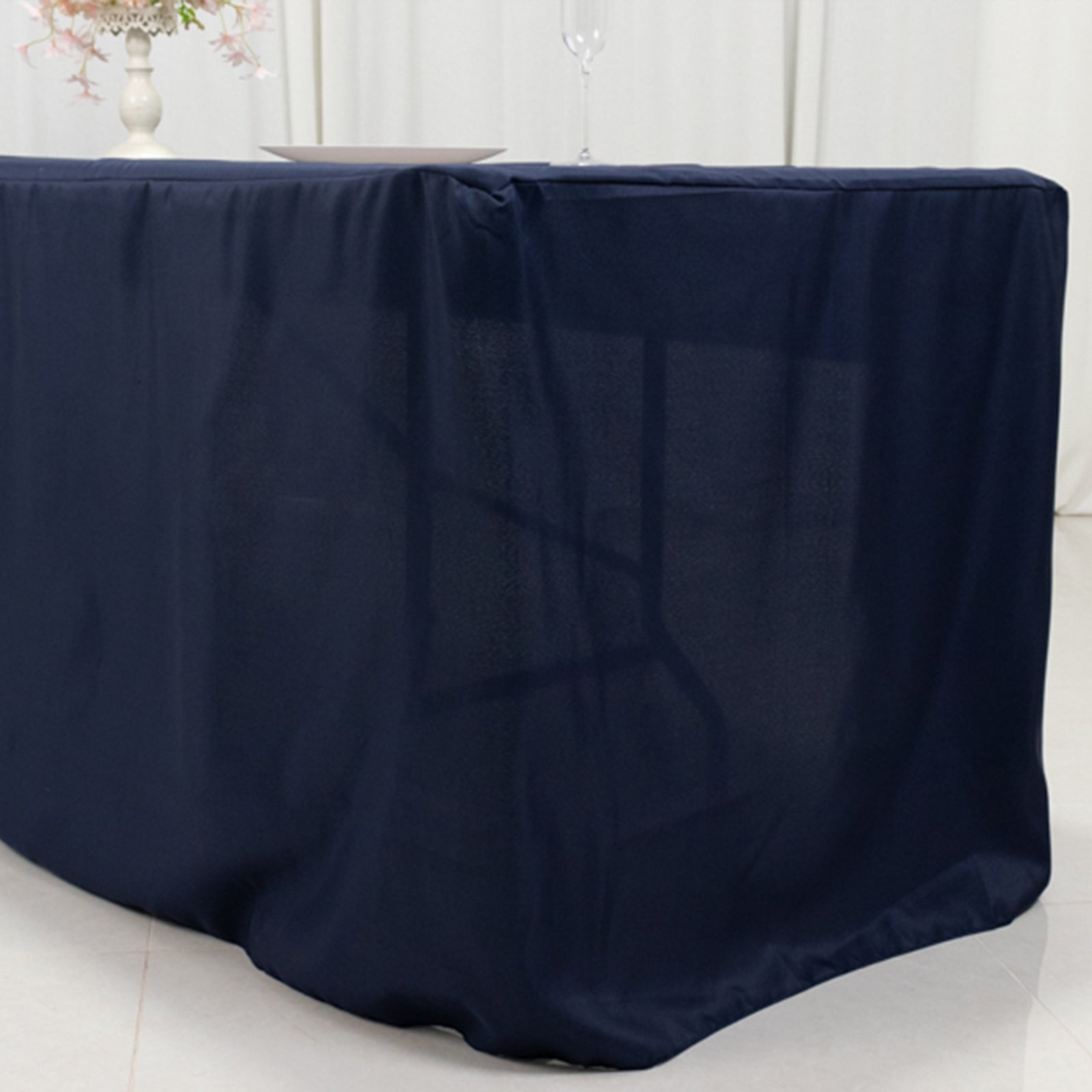 Fitted Polyester 96x30 Rectangle Tablecloth Navy Blue with Open Back Design - Easy to Maintain and Wrinkle-Resistant Table Cover for Trade Shows & Displays