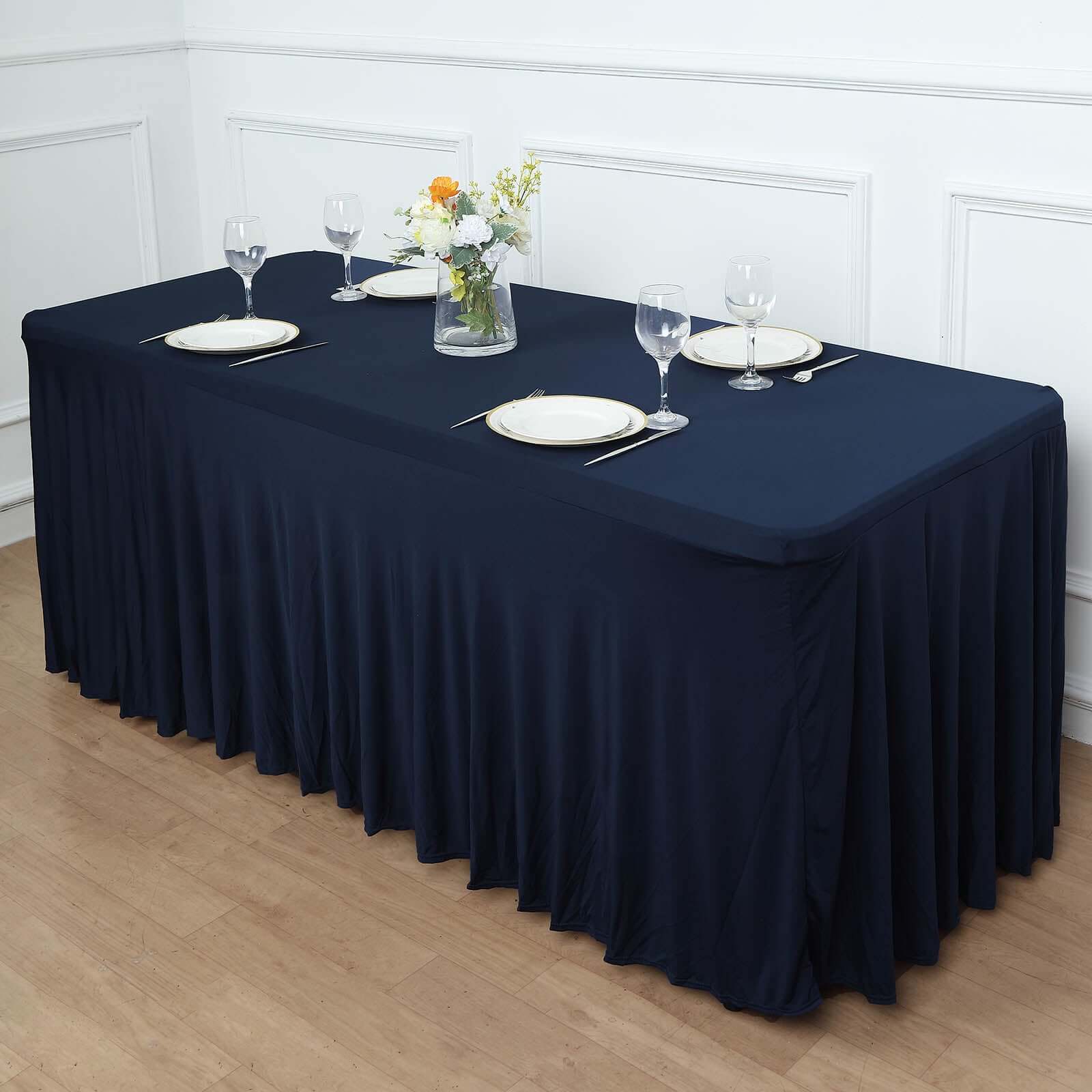 Spandex Rectangle 72x30 Table Skirt Navy Blue with Wavy Skirt-Like Effect Table Cover