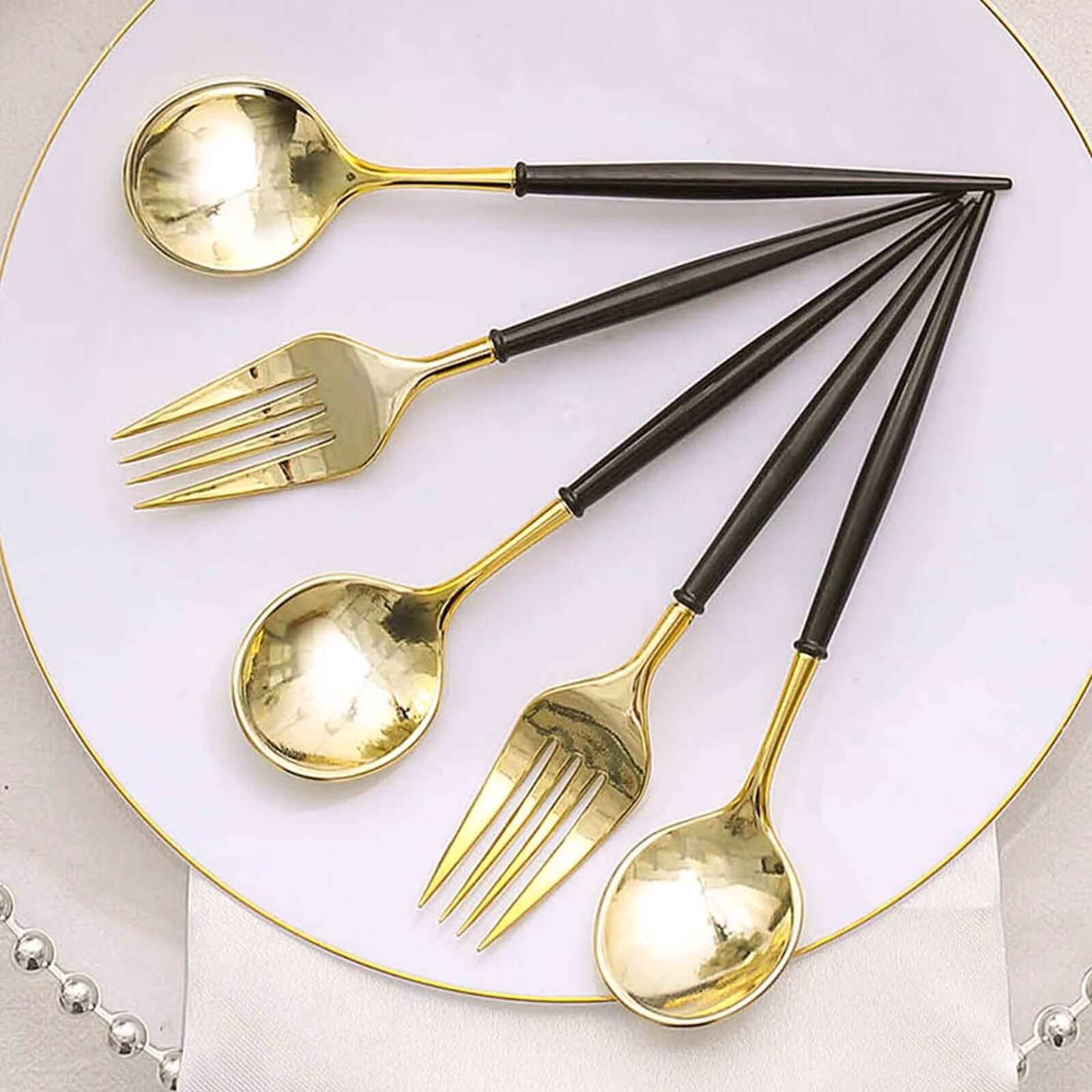 24-Pack Plastic Fork and Spoon Set Gold/Black - Heavy Duty Disposable Modern Utensils 6