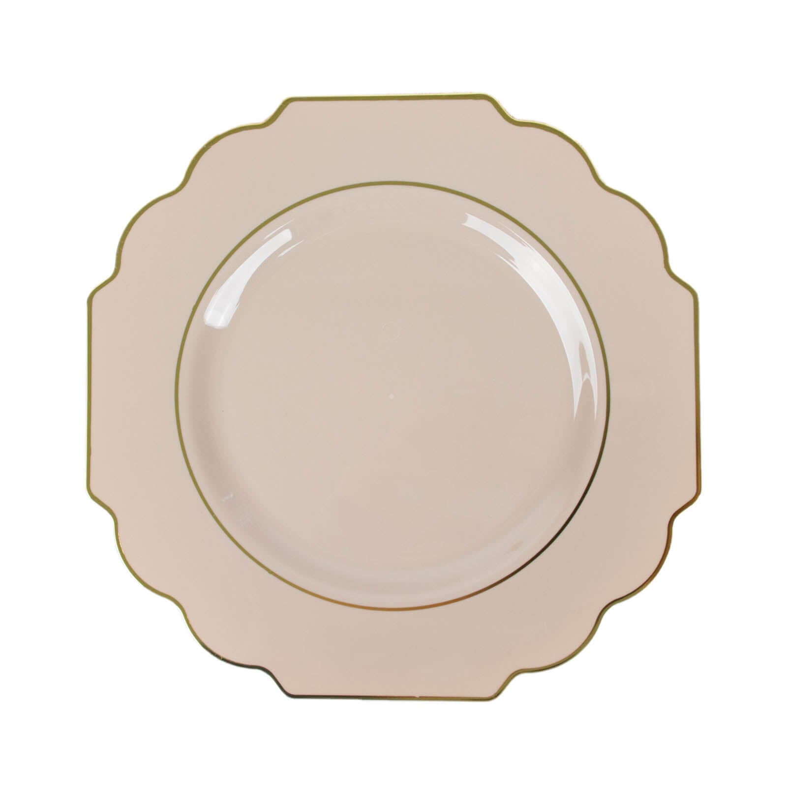 10-Pack Plastic Dinner Plates in Taupe Baroque Design with Scalloped Gold Rim - Heavy Duty Disposable Party Plates 11