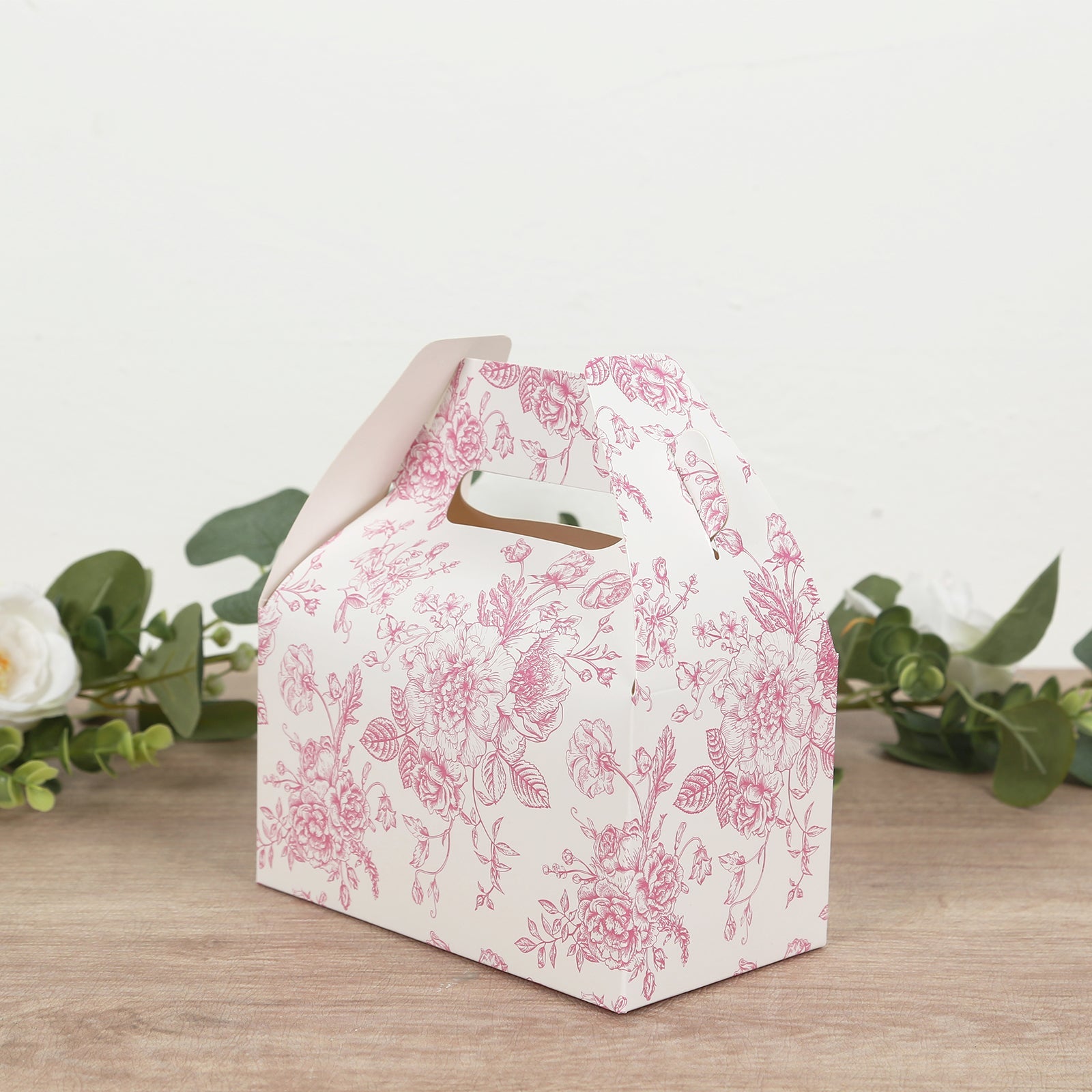 25 Pack Candy Treat Tote Boxes in French Toile Pattern - Matte Pink and White Party Favor Gable Boxes, Cardstock Paper - 6x3.5x7