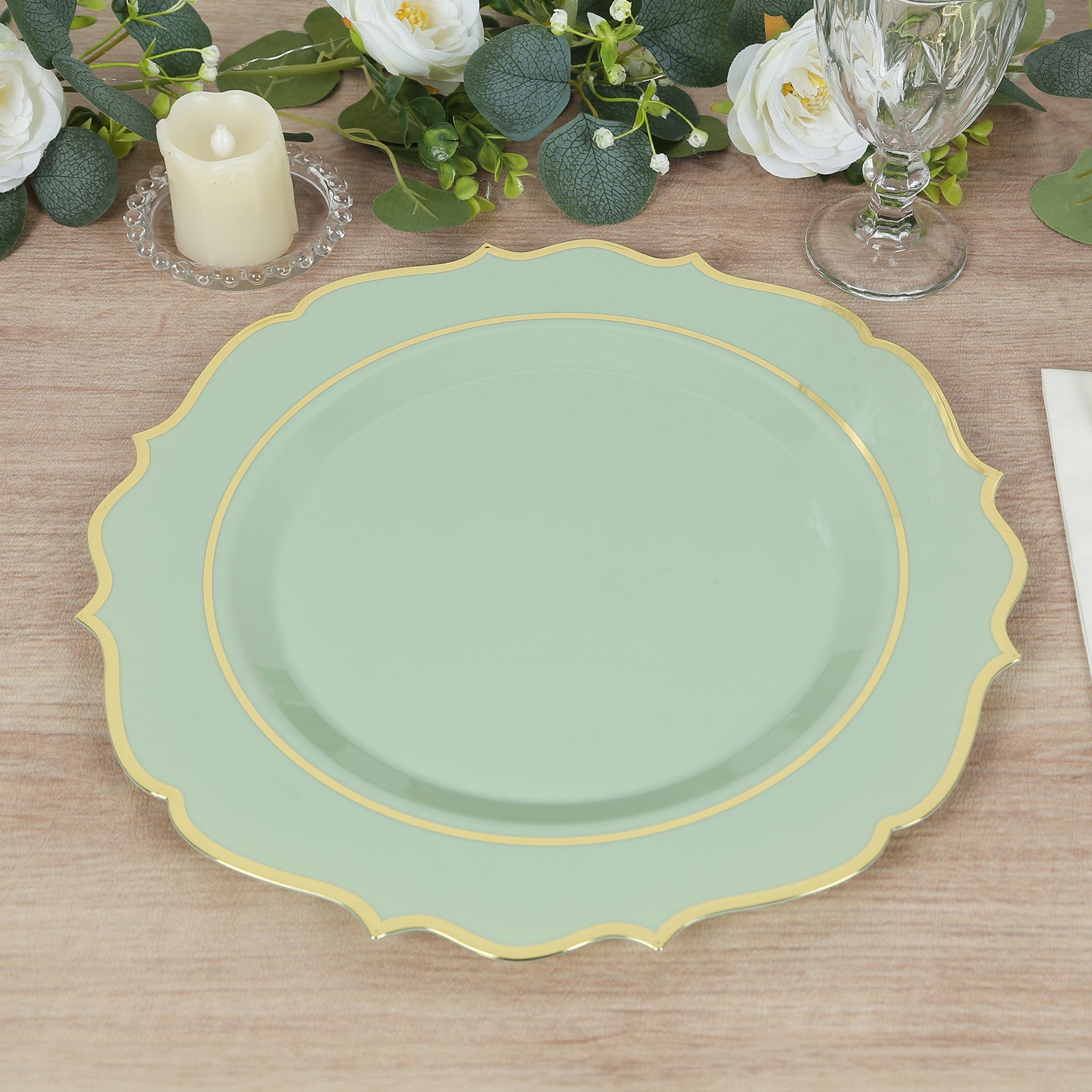 10-Pack Economy Plastic Round Charger Plates 13 in Sage Green with Gold Scalloped Rim, Decorative Dinner Party Serving Plates