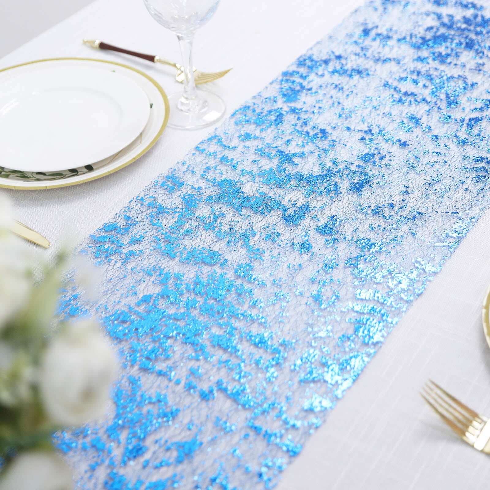 Mesh Polyester 108 Table Runner Roll Metallic Royal Blue - Distressed Foil Look Disposable Table Decor