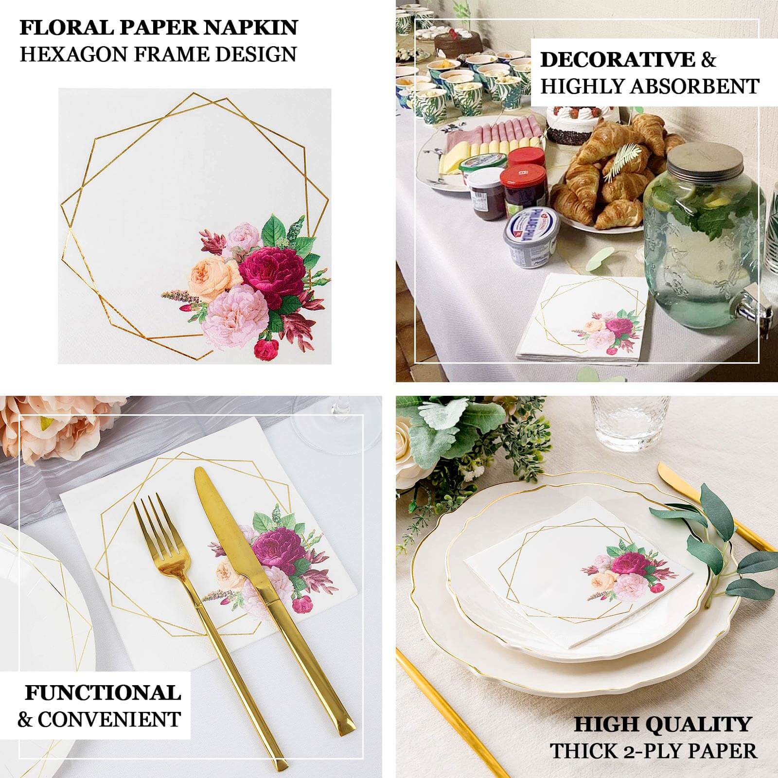 20-Pack Paper Party Napkins with Gold Hexagon Frame Floral Print White - 2 Ply Soft Disposable Beverage Napkins for Weddings 6.5x6.5