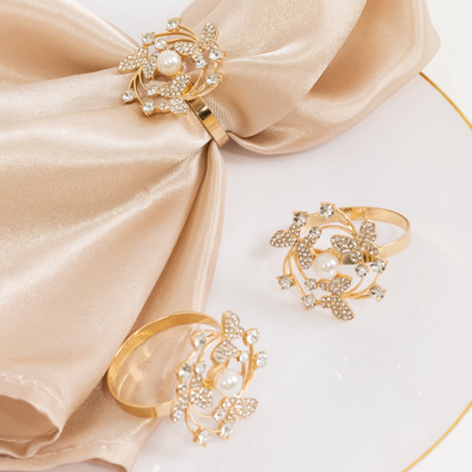 4 Pack Gold Metal Butterfly Napkin Rings with Pearl and Rhinestone Accents, Elegant Table Decoration for Weddings, Events, and Parties