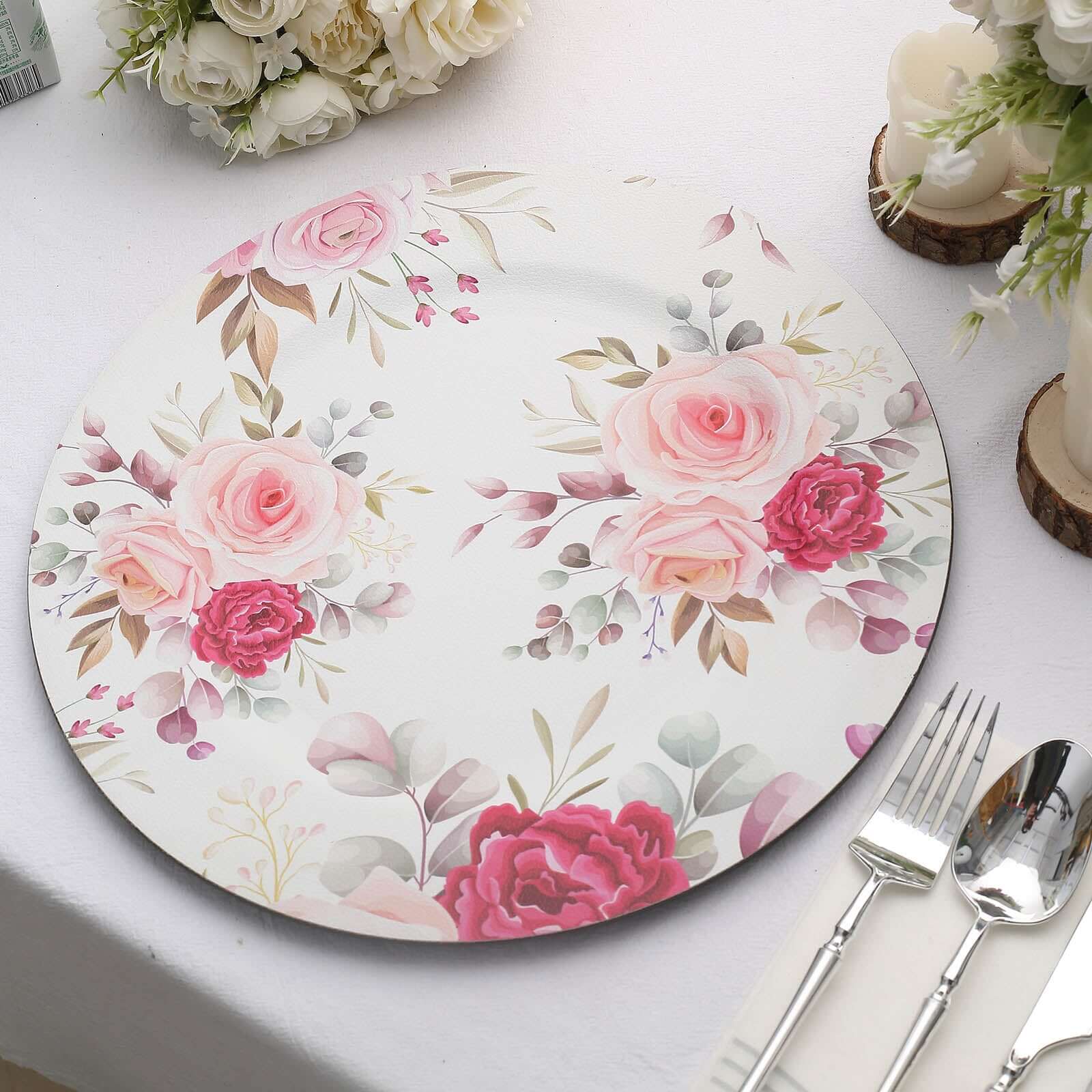 6-Pack Plastic Round Charger Plates 13 in White with Assorted Rose Floral Print, Decorative Dinner Party Charger Tableware