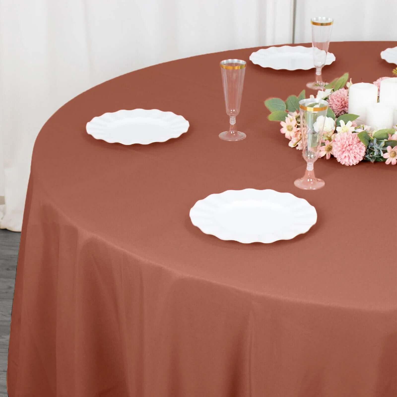 Premium Polyester 132 Round Tablecloth Terracotta (Rust) - Seamless 220GSM Wrinkle-Resistant Table Cover