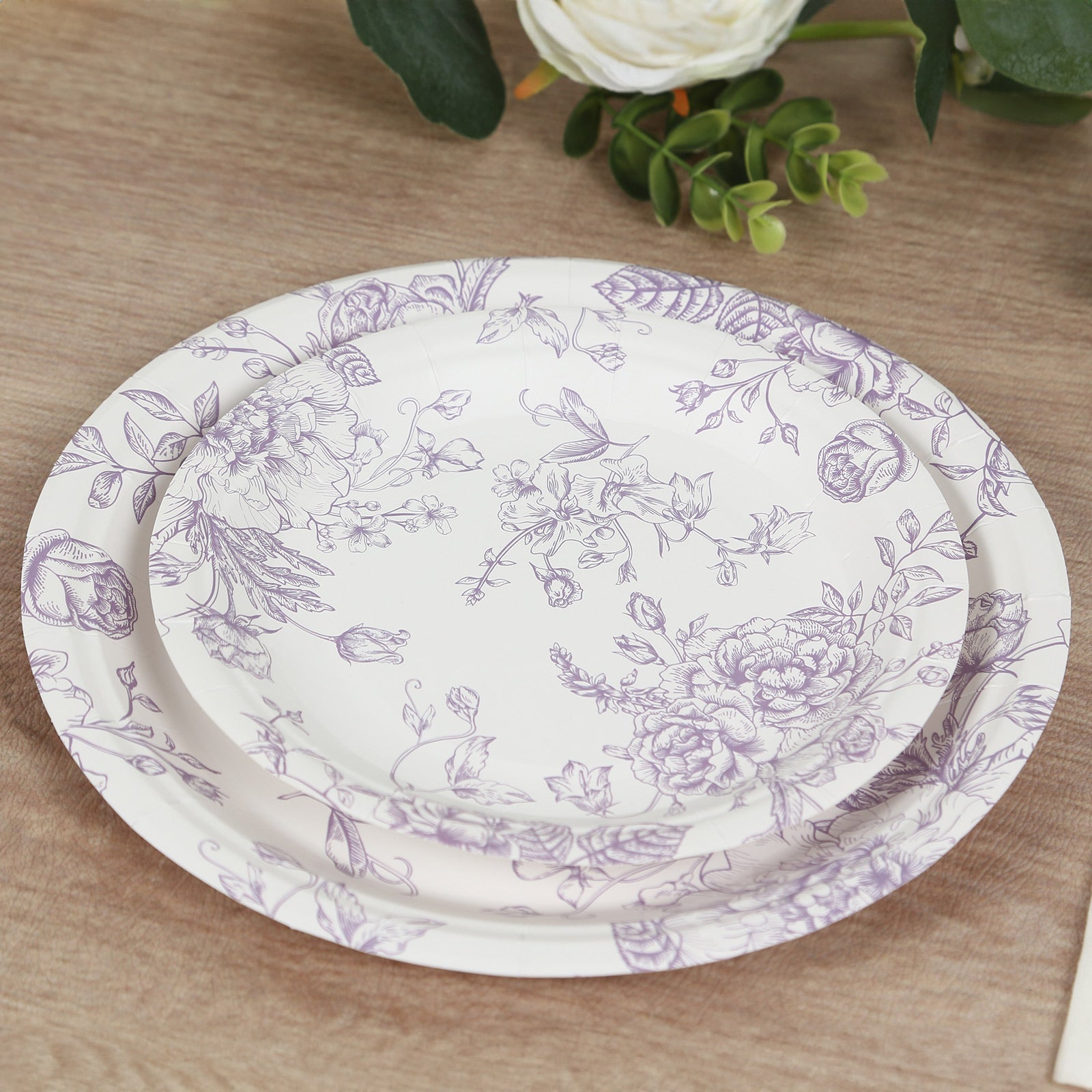 25-Pack Paper 7 Round Dessert Plates in White with Matte Lavender French Toile Pattern - Disposable Floral Salad Appetizer Plates