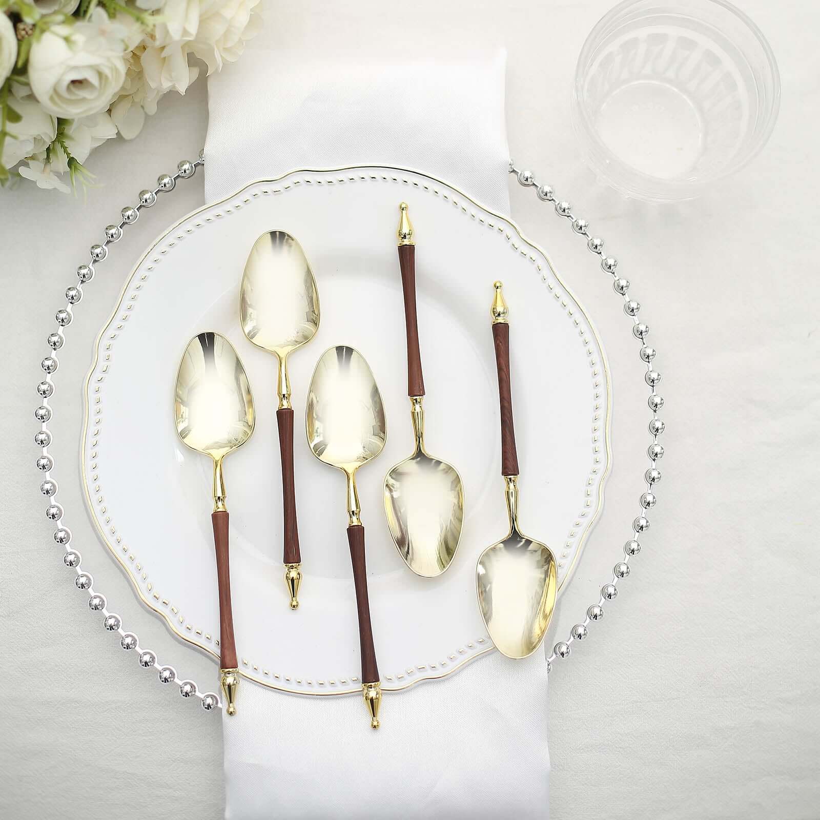 24-Pack Plastic Dessert Spoons with Roman Column Handle Gold/Brown - European Style Disposable Utensils 6