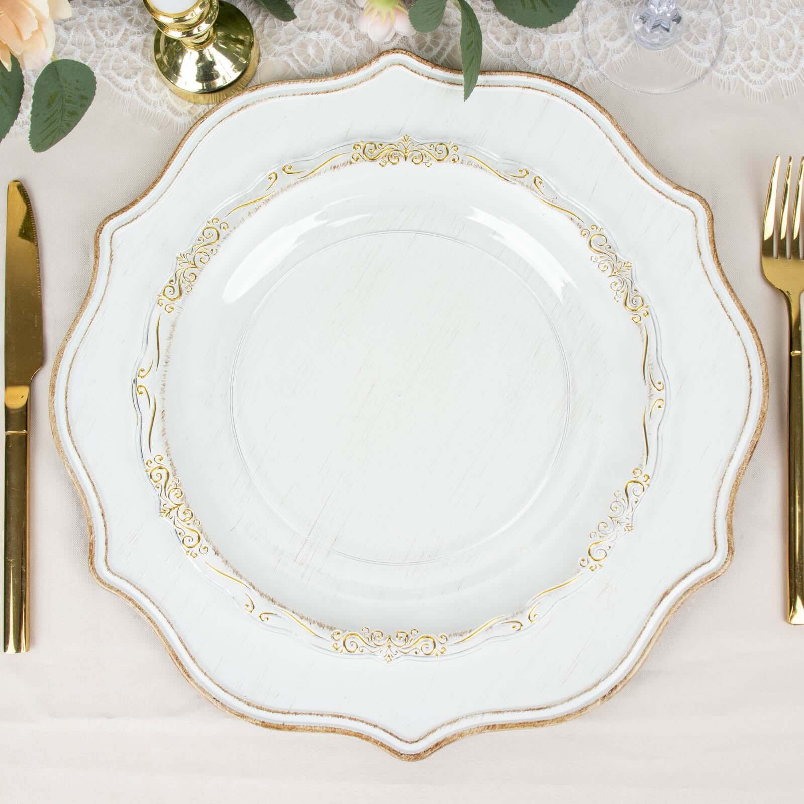 10-Pack Plastic 10 Round Dinner Plates in Clear with Gold Vintage Embossed Rim - Sturdy Disposable Scalloped Edge Party Plates for Sophisticated Events & Celebrations