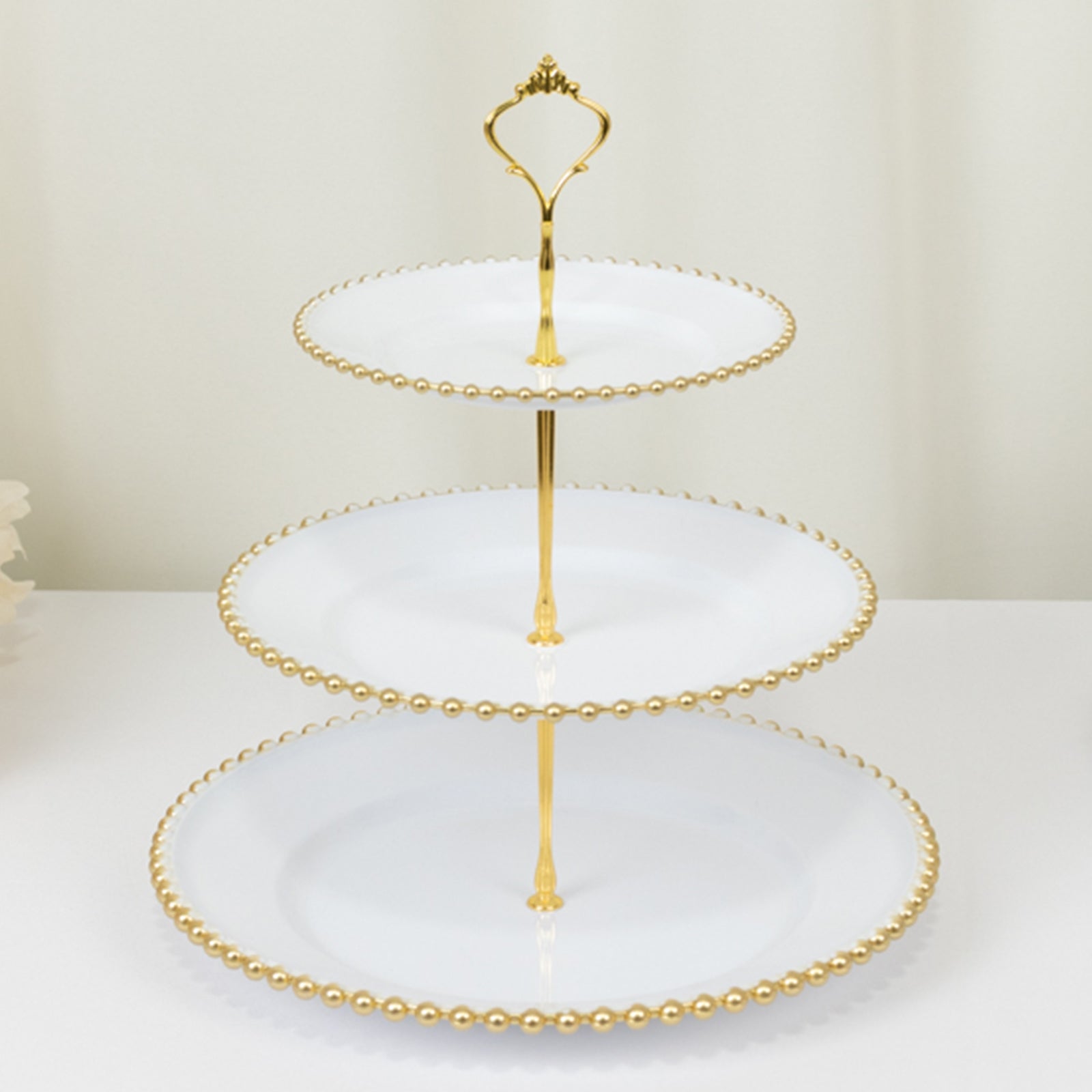 14 White 3-Tier Plastic Dessert Display Stand With Gold Beaded Rim, Round Cupcake Tower Tea Party Serving Platter With Top Handle