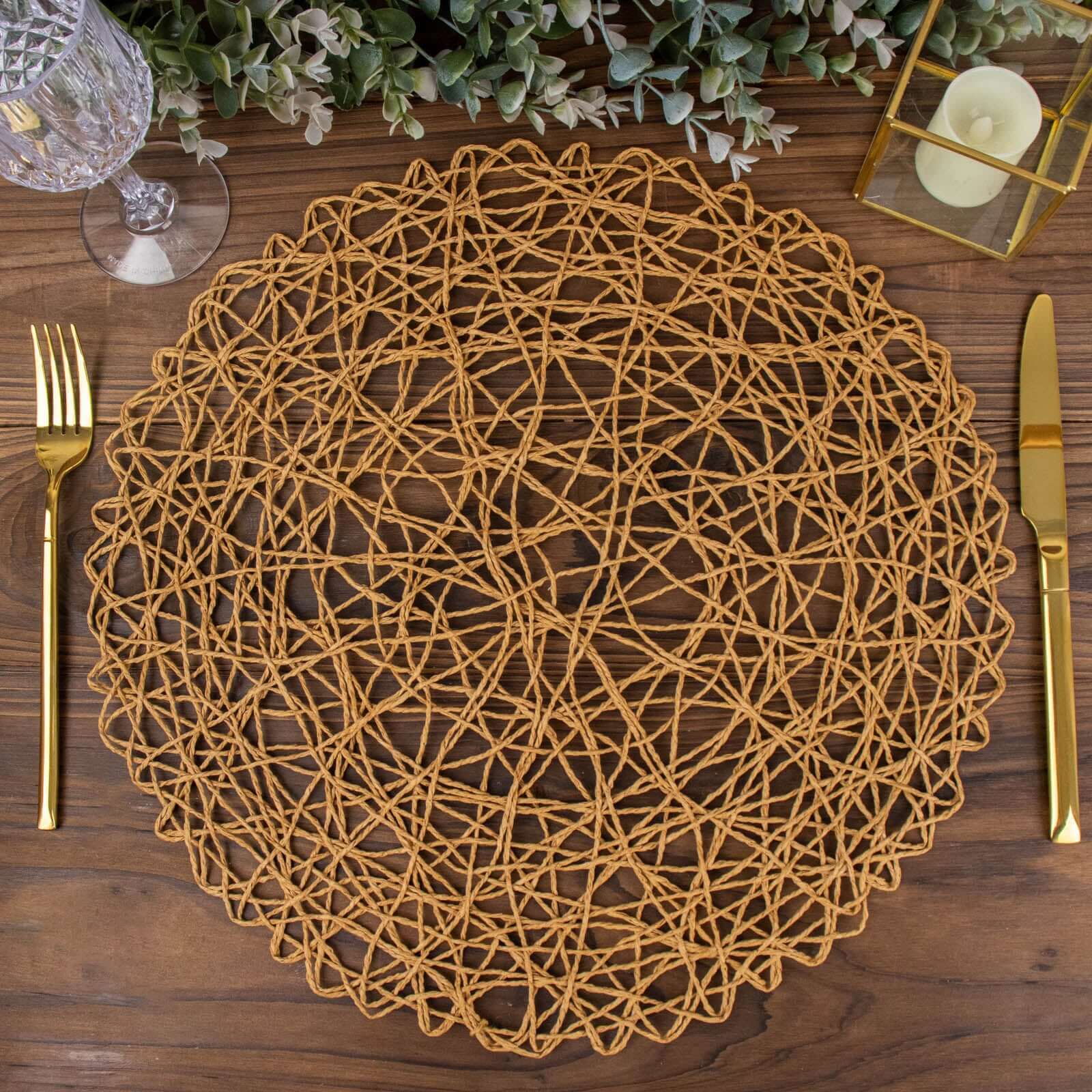 6-Pack Table Placemats Woven Fiber Design Natural Round - Disposable Mats for Dining and Events 15