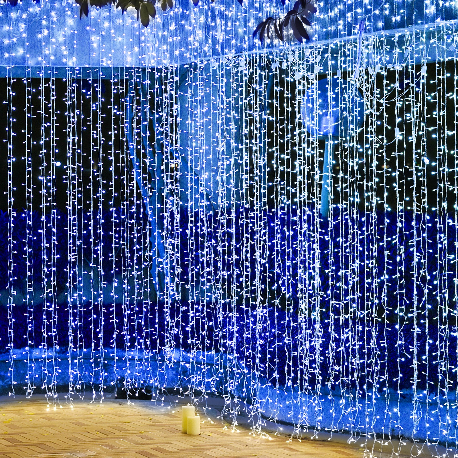 10ft Blue 300 LED Icicle Curtain Fairy String Lights with 8 Modes