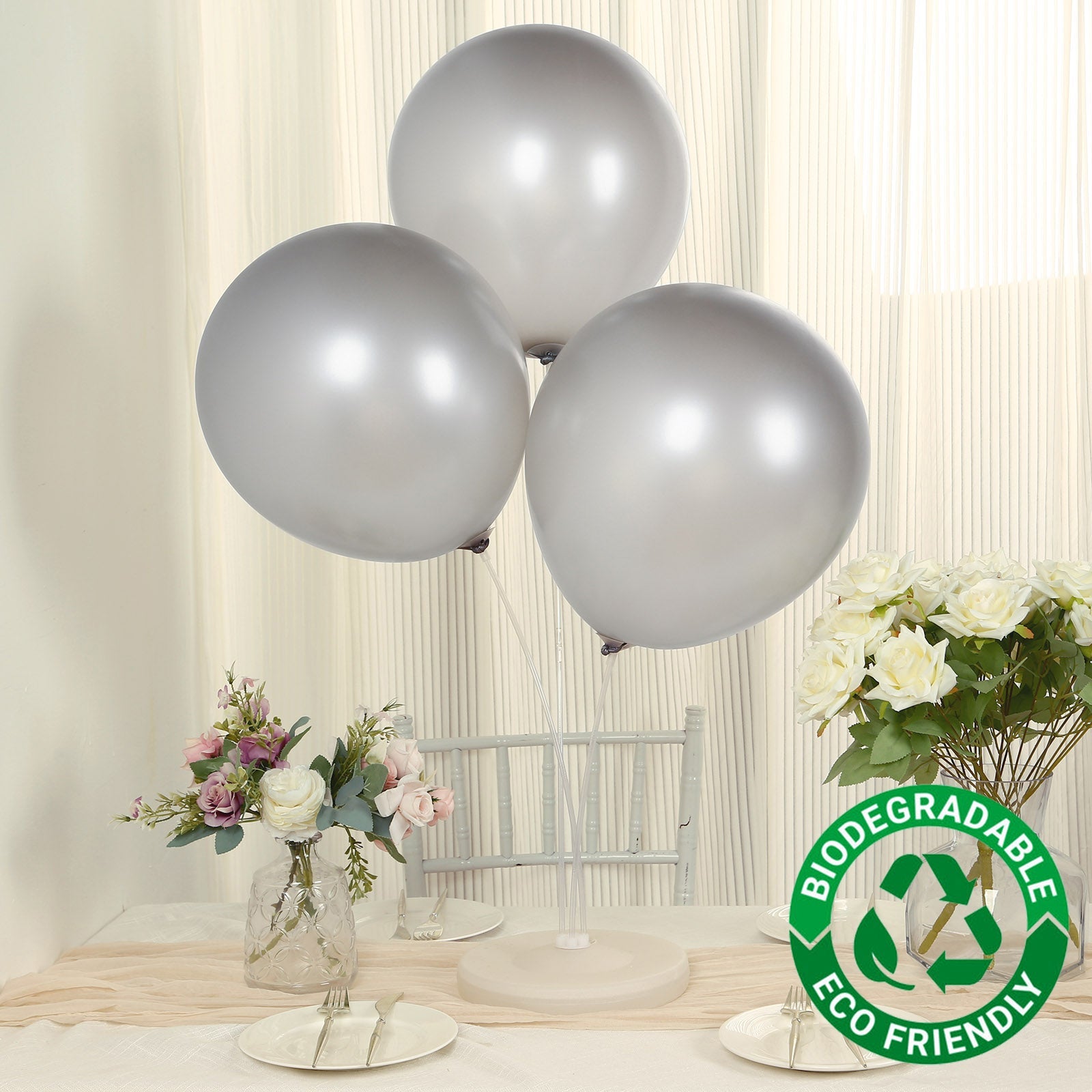 10 Pack Chrome Silver Biodegradable Latex Balloons 18, Thick Eco Friendly Metallic Party Balloons