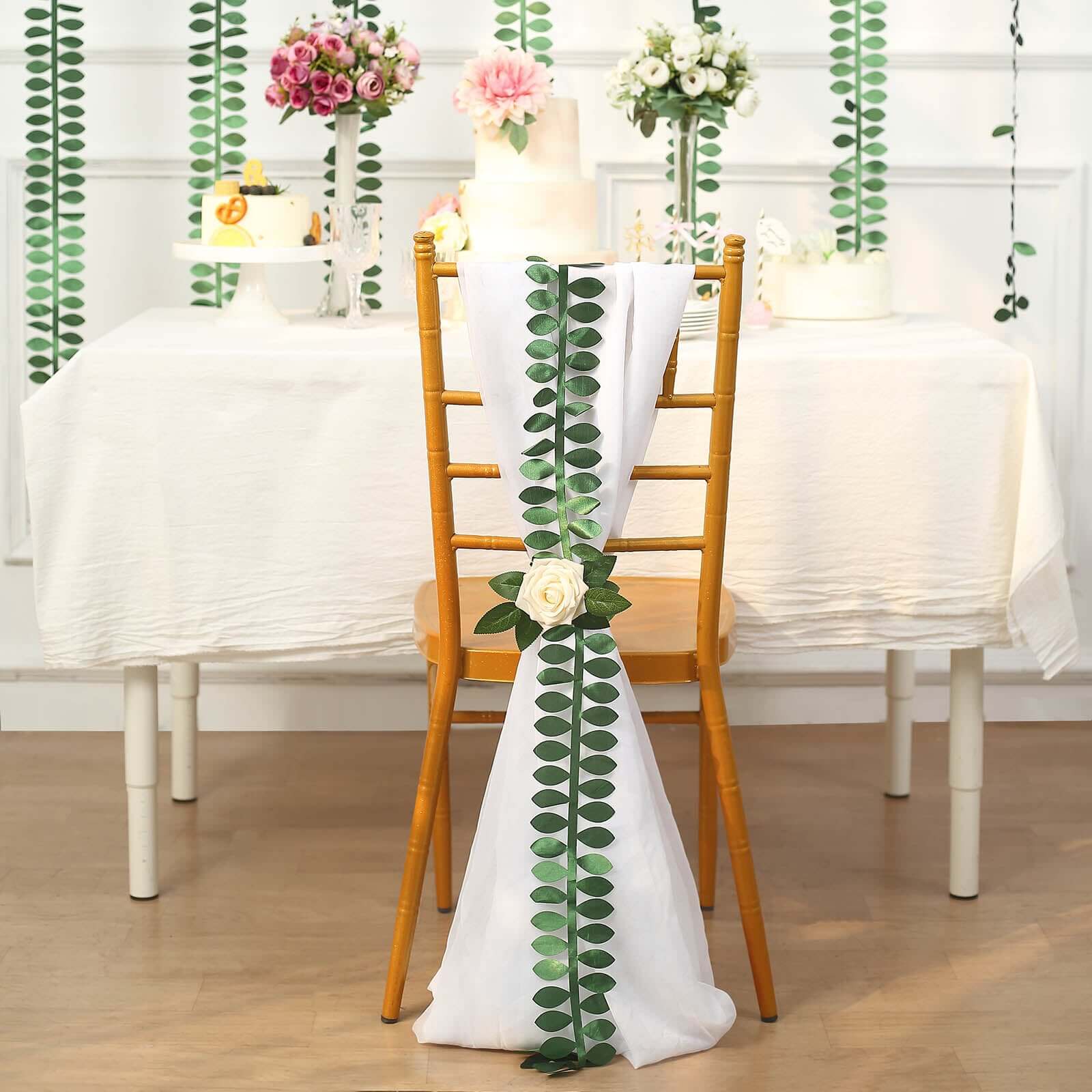 Taffeta Ribbon Sash with 4 Leaf Petal Design Green 50ft - Sophisticated Artificial Fabric Garland