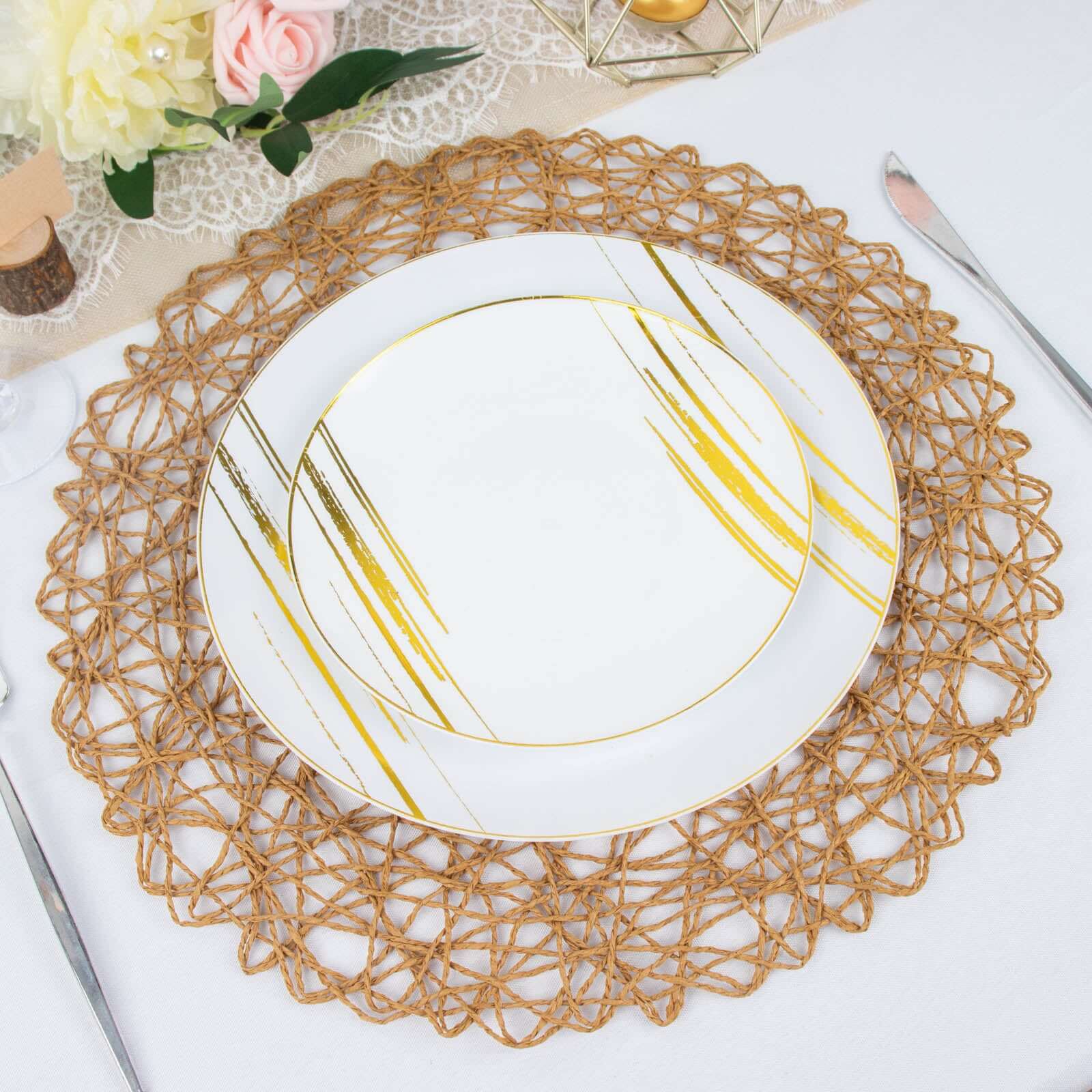 6-Pack Table Placemats Woven Fiber Design Natural Round - Disposable Mats for Dining and Events 15