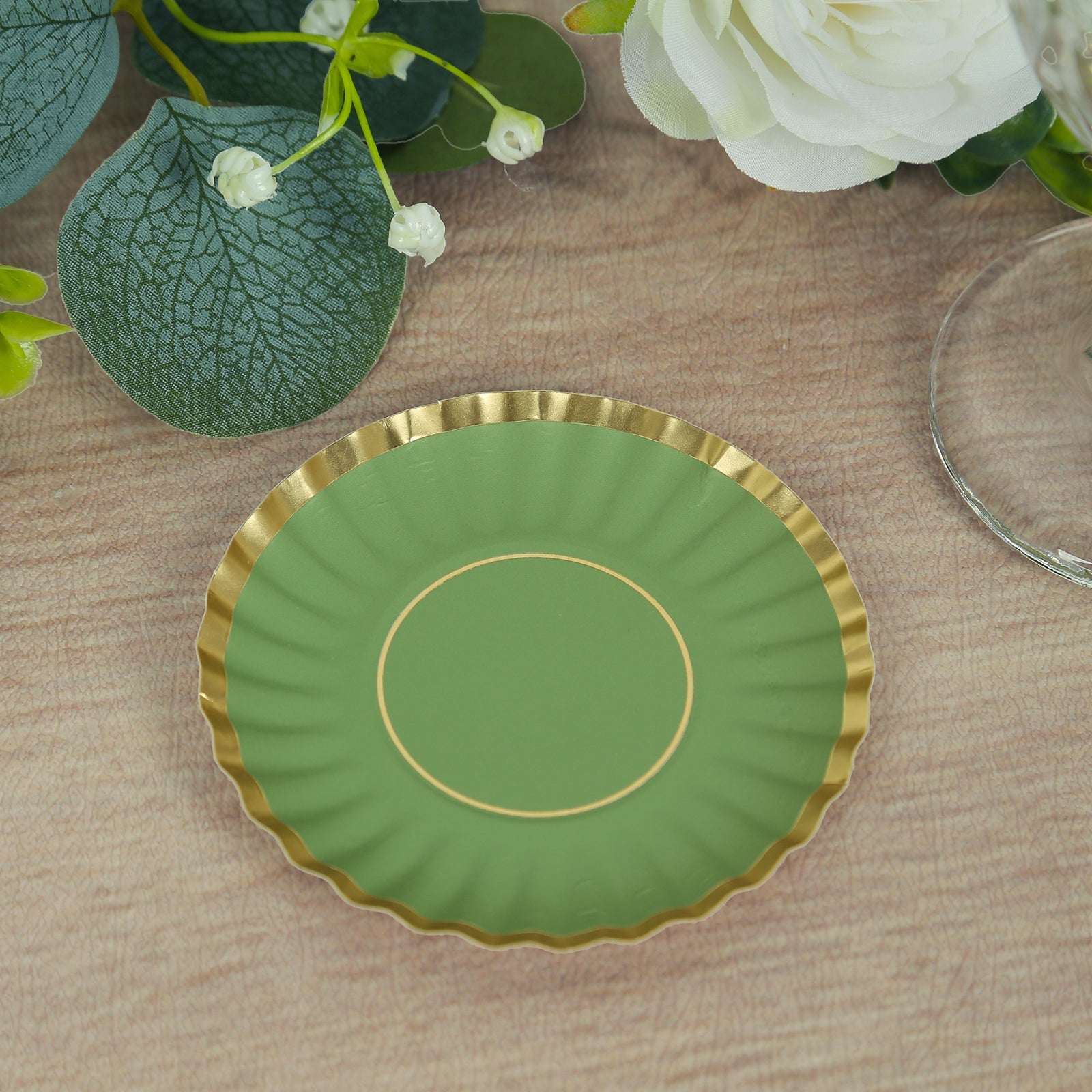 50-Pack Paper 3.5 Round Party Plates in Dusty Sage Green with Gold Scalloped Rim - Disposable Mini 250GSM Dessert Plates for Tapas, Appetizers & Finger Foods