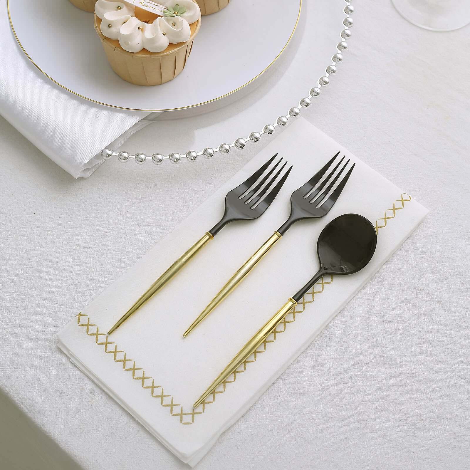 24-Pack Plastic Fork and Spoon Set Black/Gold - Heavy Duty Disposable Modern Utensils 6