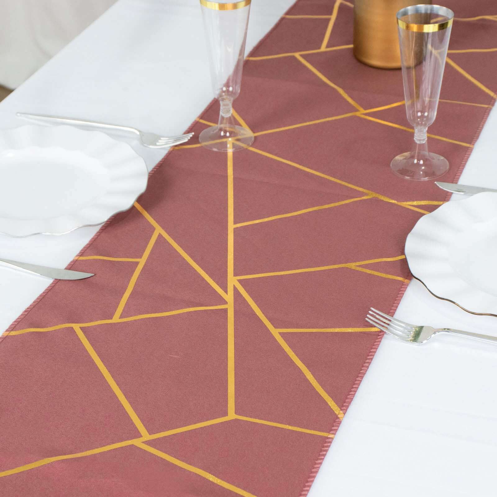 Polyester 9ft Table Runner Cinnamon Rose with Gold Foil Modern Geometric Accent