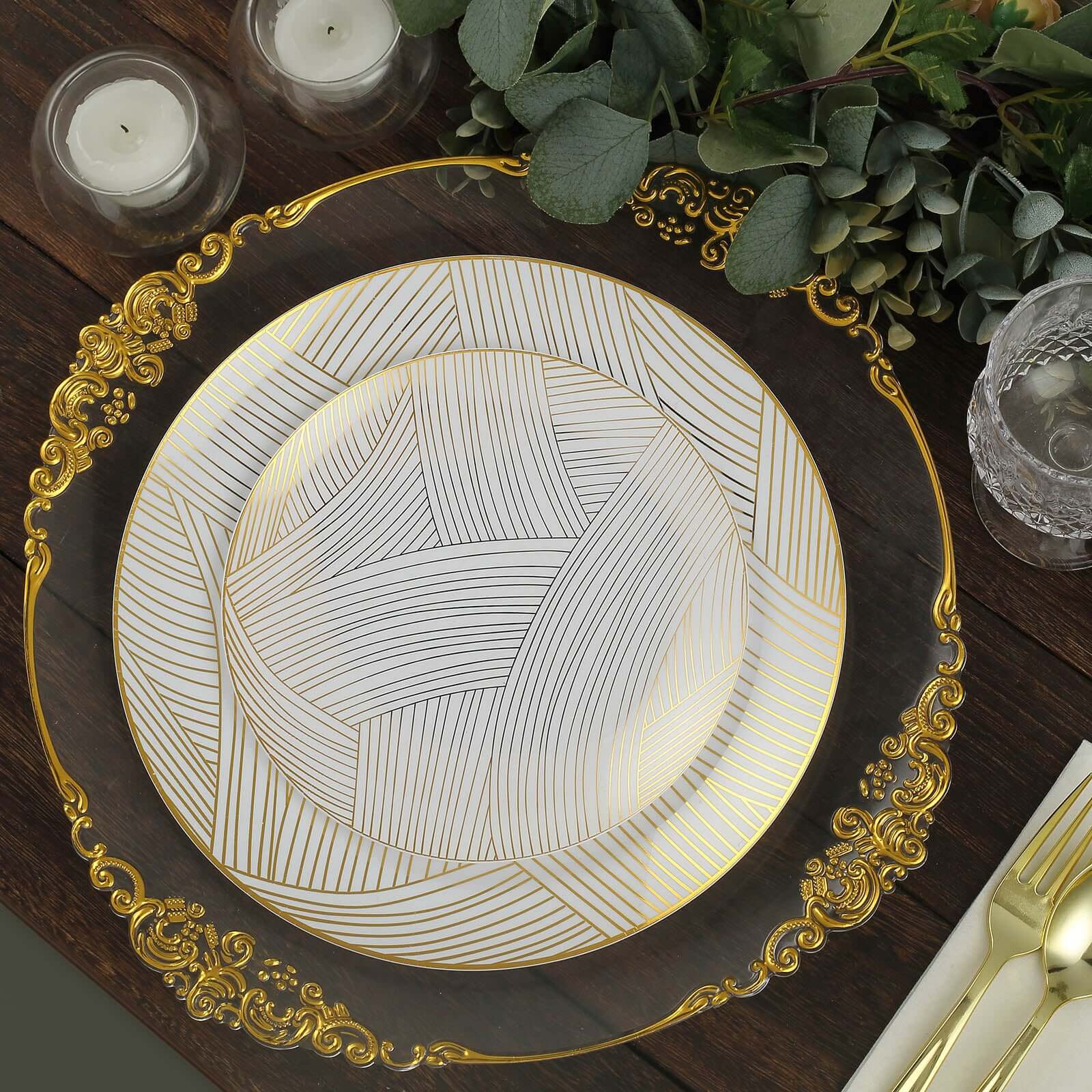 10-Pack Plastic 10 Round Dinner Plates in White with Gold Wave Brush Strokes Pattern - Disposable Party Plates for Modern & Classy Table Decor