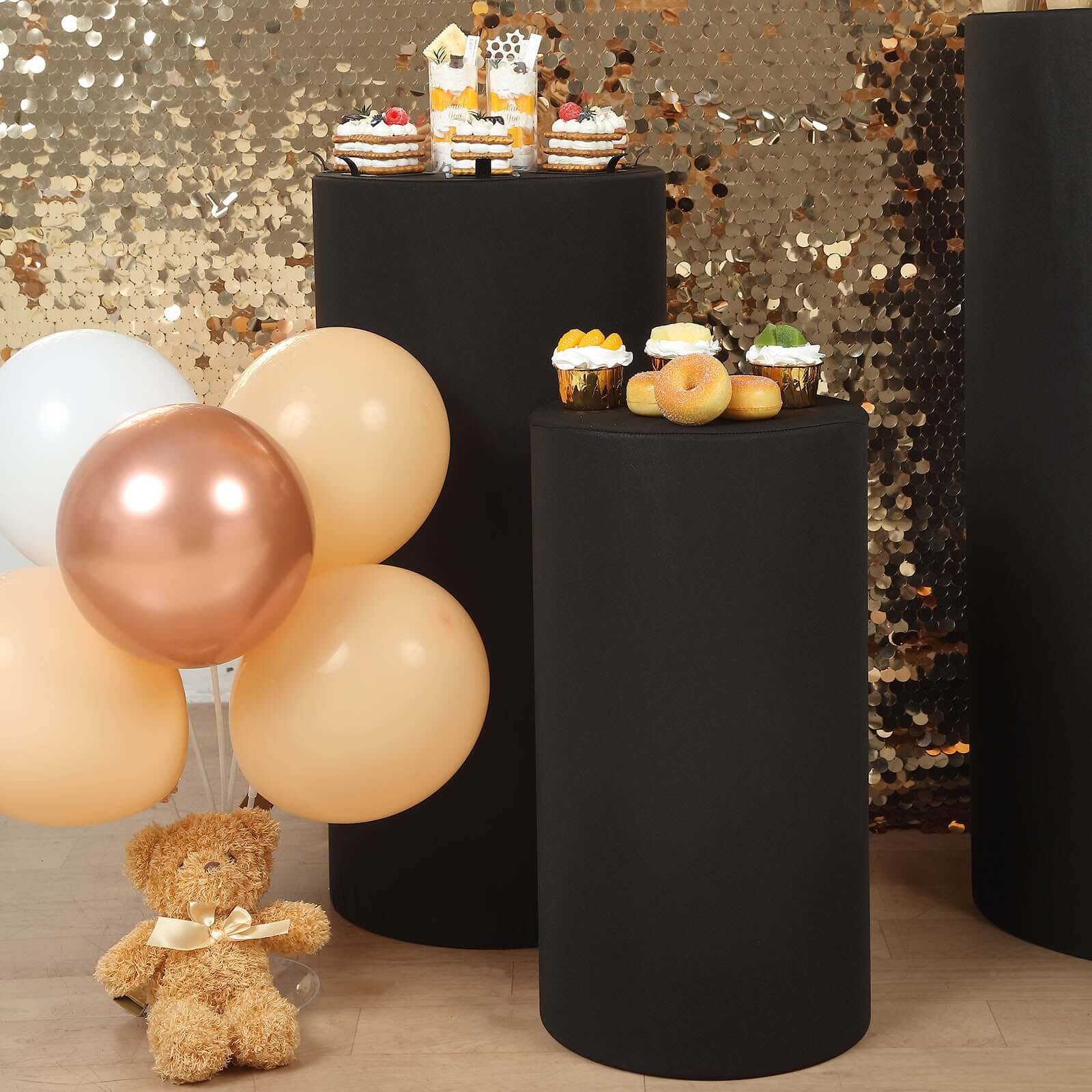 Set of 5 Black Spandex Cylinder Pedestal Stand Covers, Stretchable Pillar Prop Covers - 160 GSM